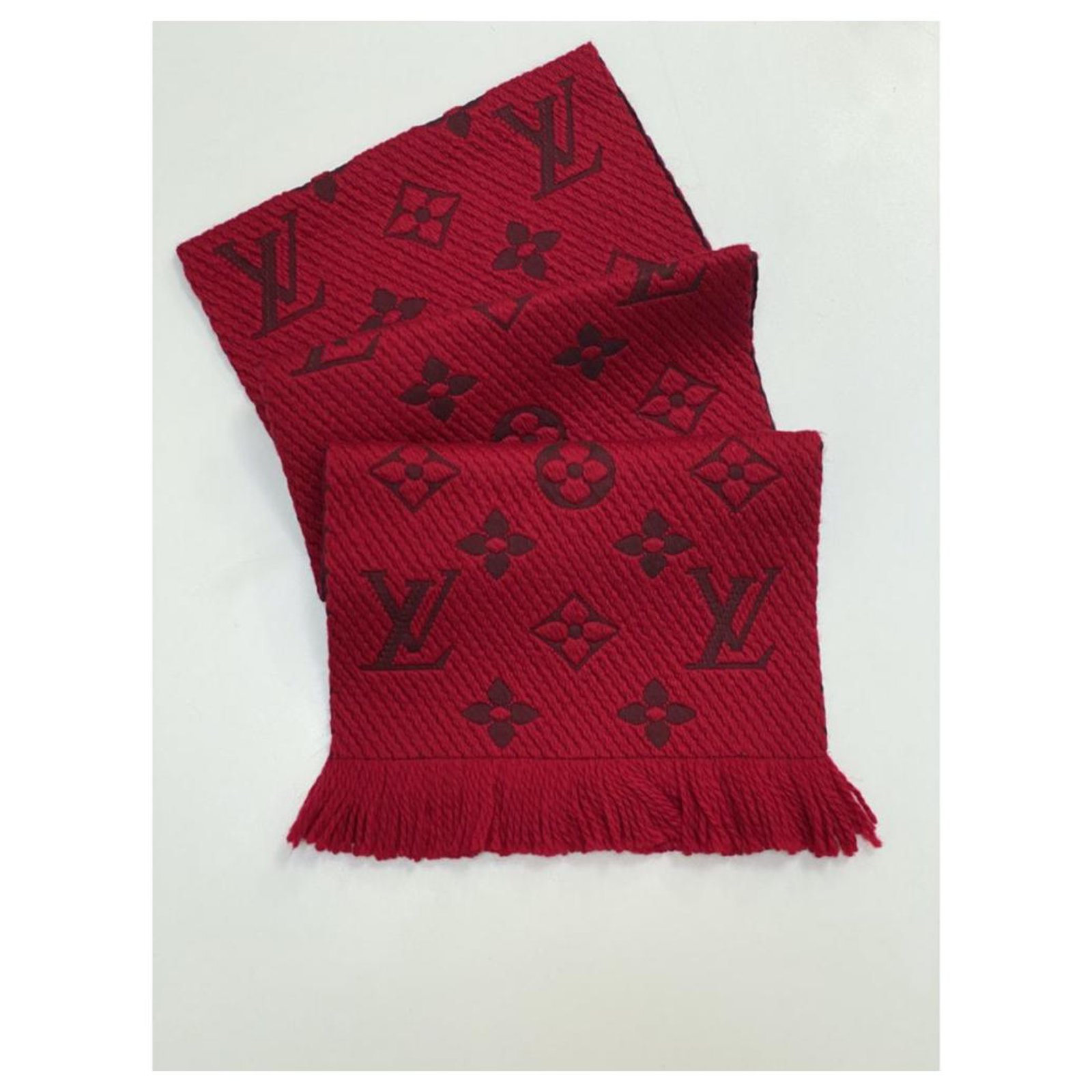 Brand New Ruby Red Logomania Scarf with Box and Packaging by Louis Vuitton