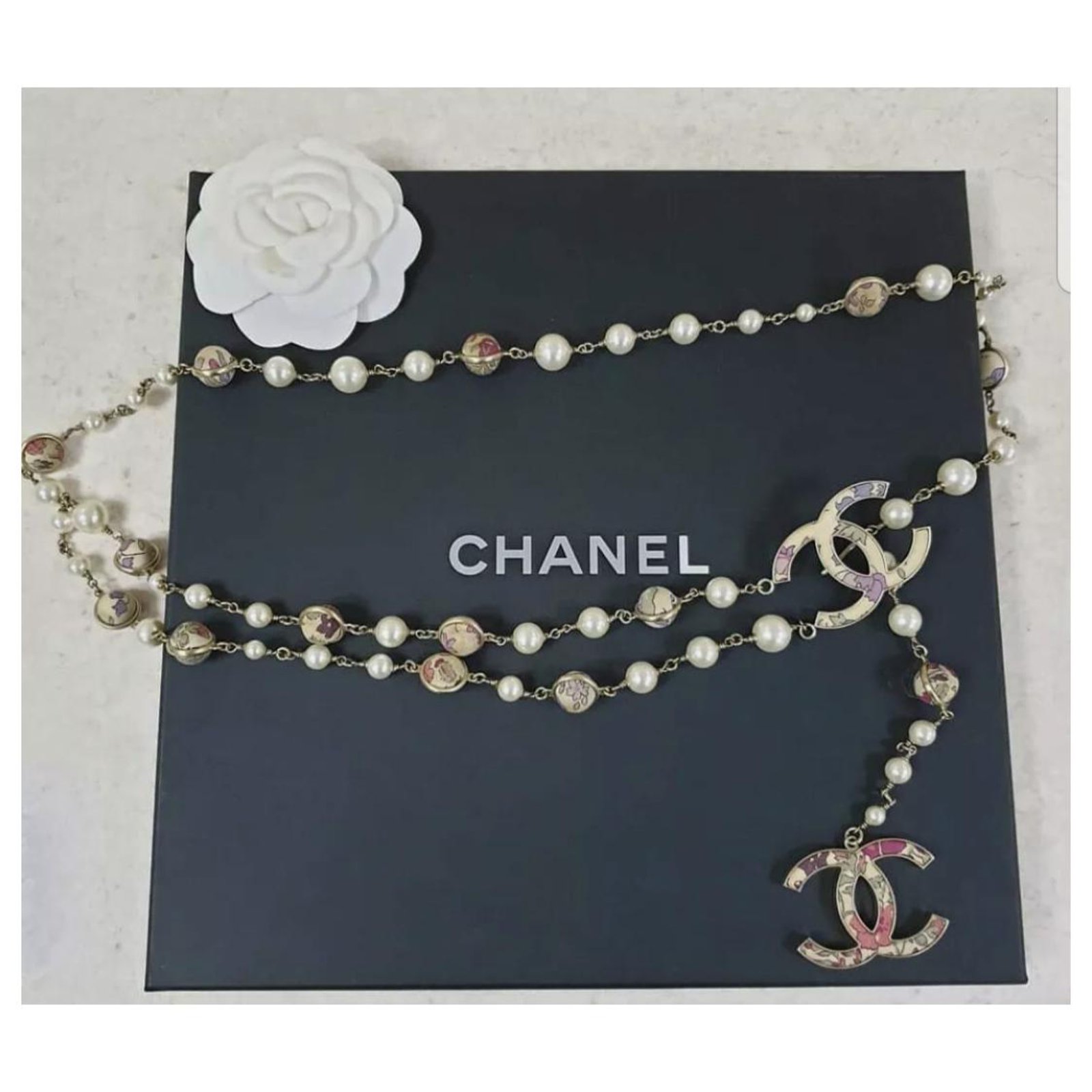 Chanel Pearl Faux Gemstones Logo CC Belt Necklace