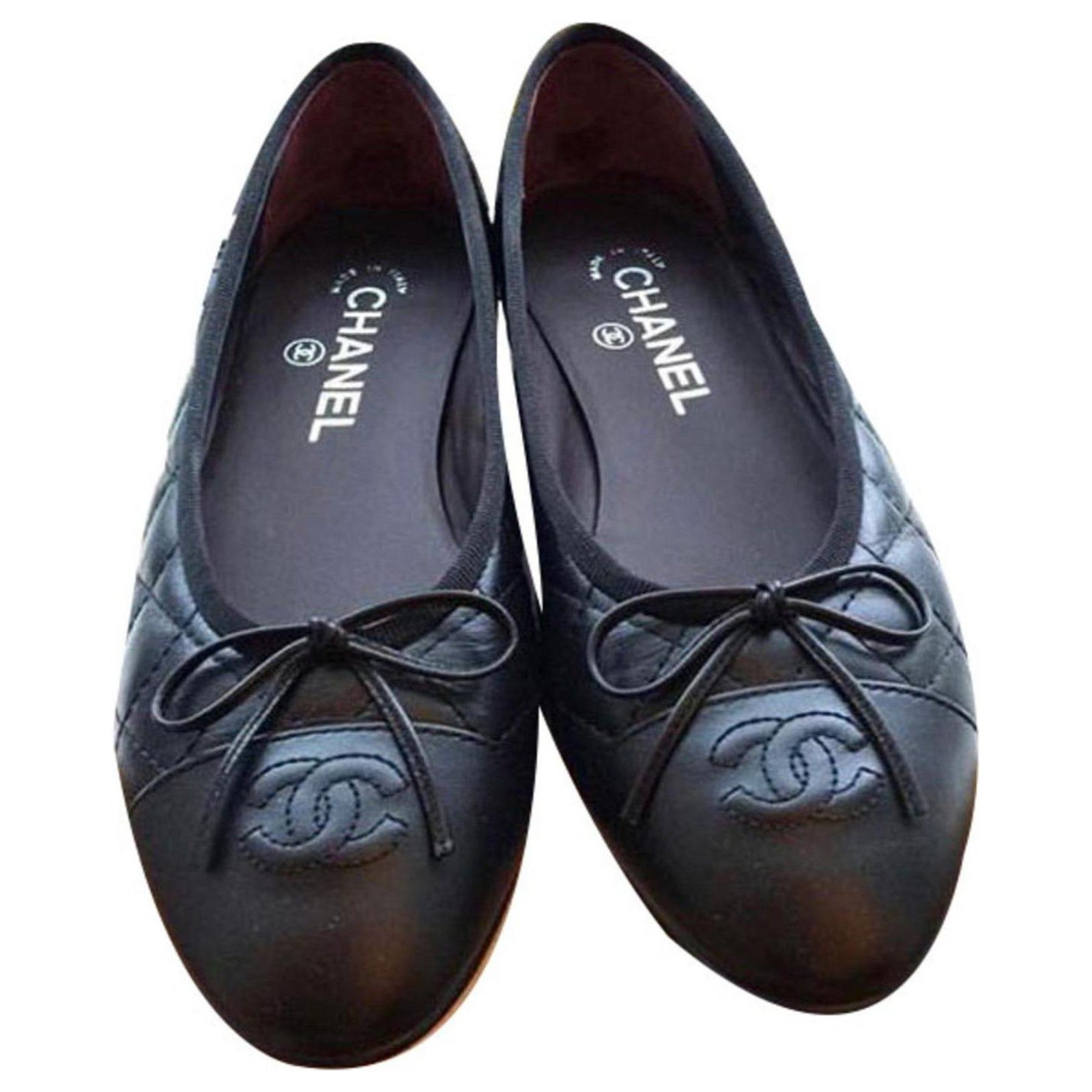 CHANEL BALLERINES BALLERINE BALLET FLATS QUILTED WITH BOX Black Leather ...