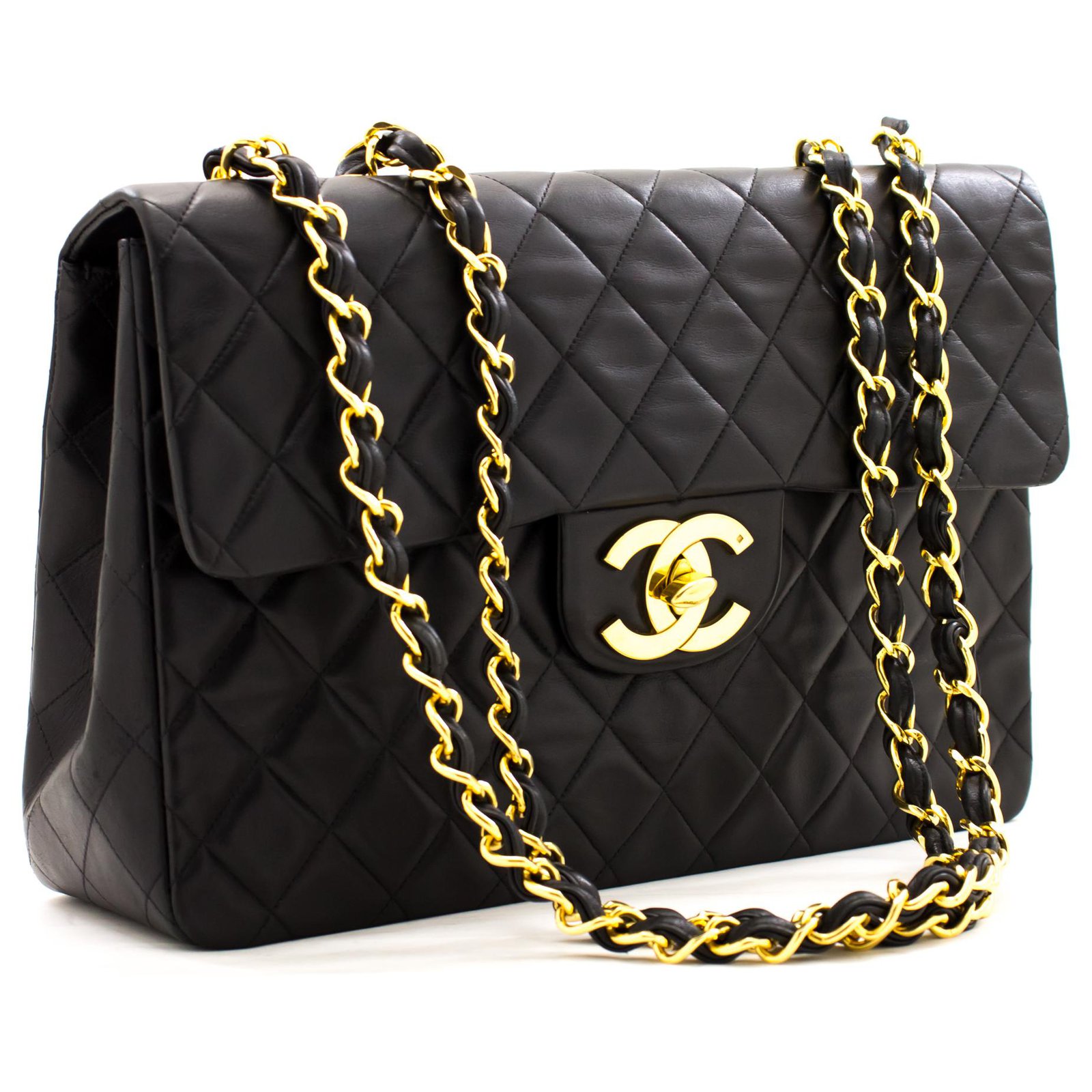 Chanel Jumbo 13 quot Maxi 2 55 Flap Chain Shoulder Bag Black Lambskin 