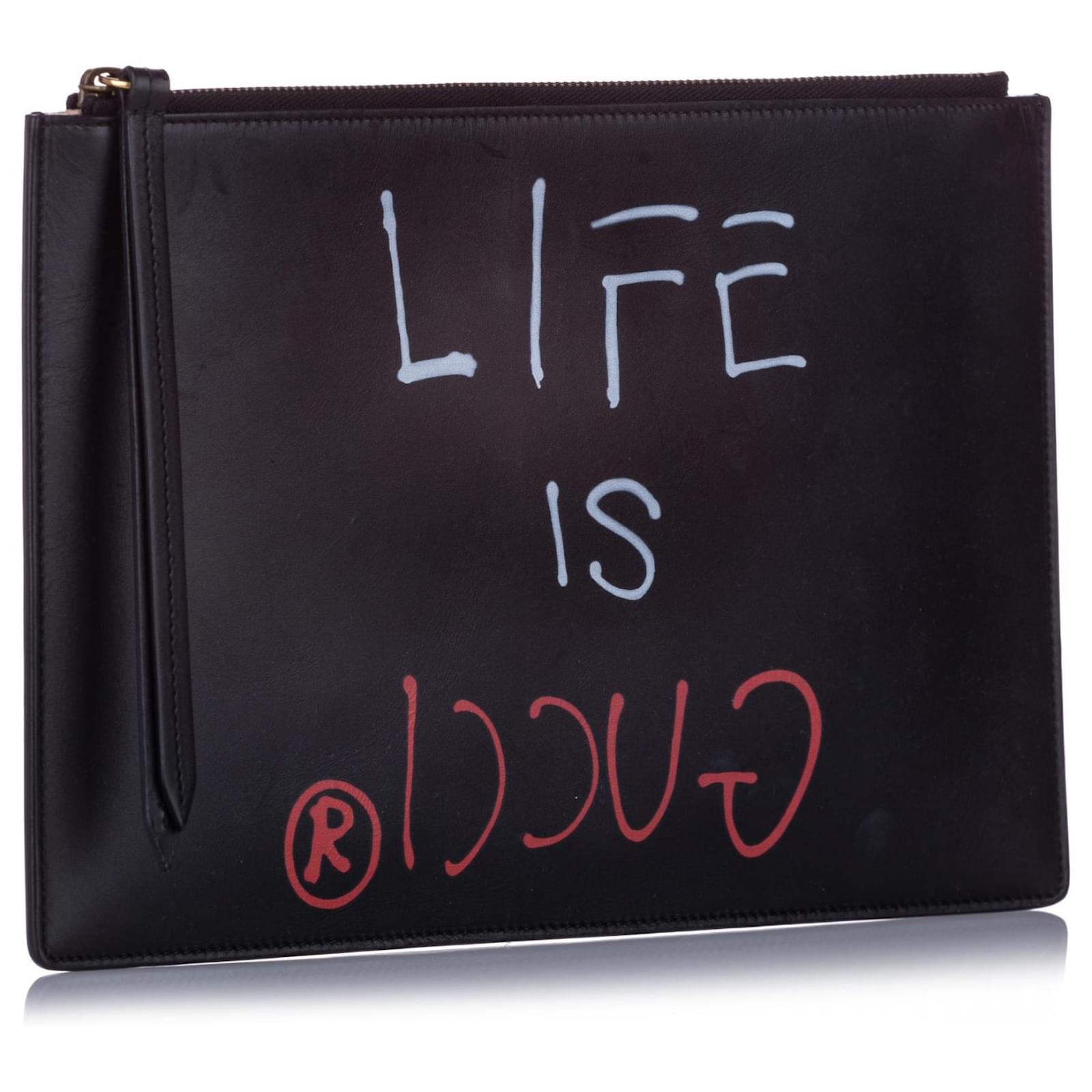 Gucci Black GucciGhost Life is Gucci Leather Pouch Ponystyle calfskin