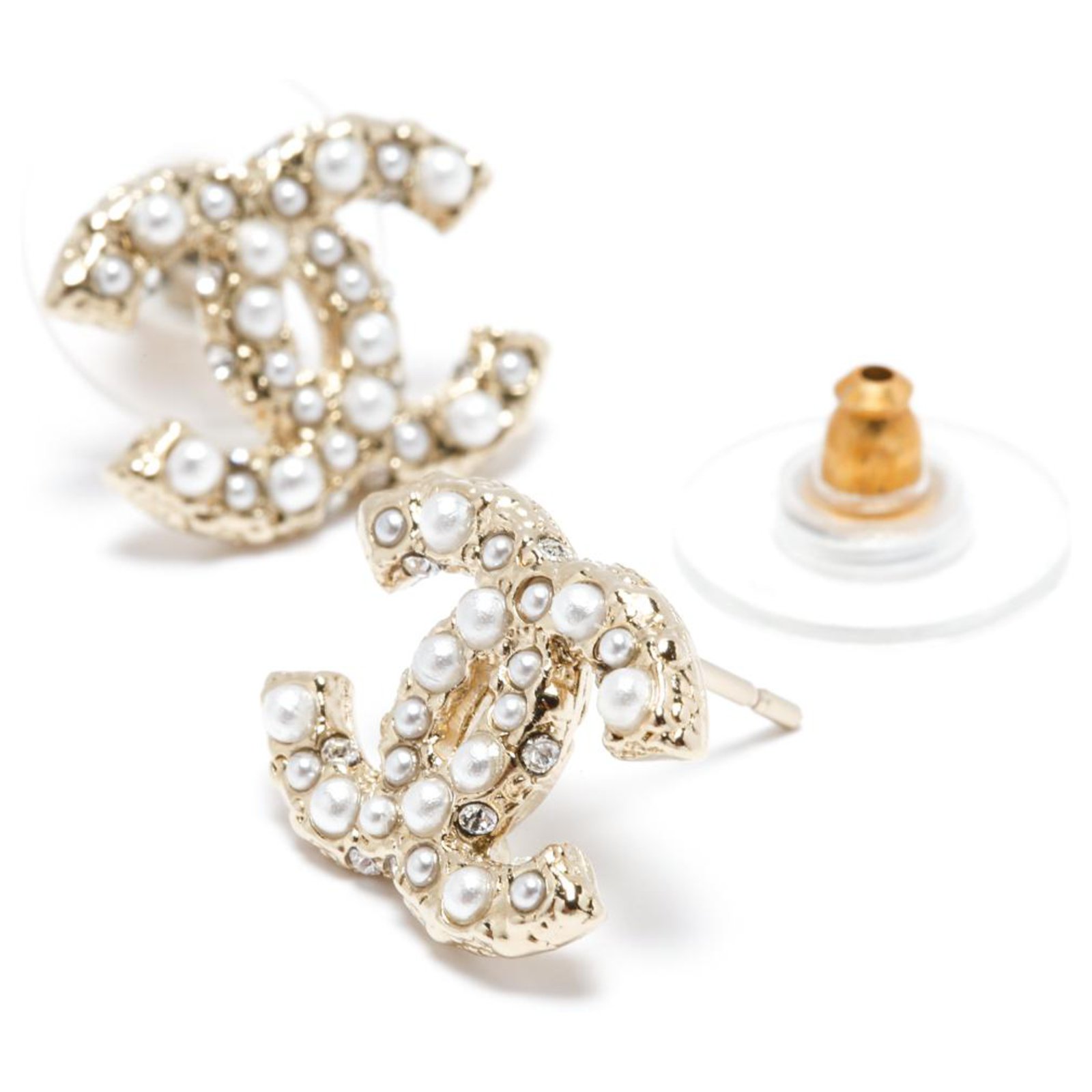 CHANEL Pearl Crystal CC Heart Earrings Gold Multicolor 859661
