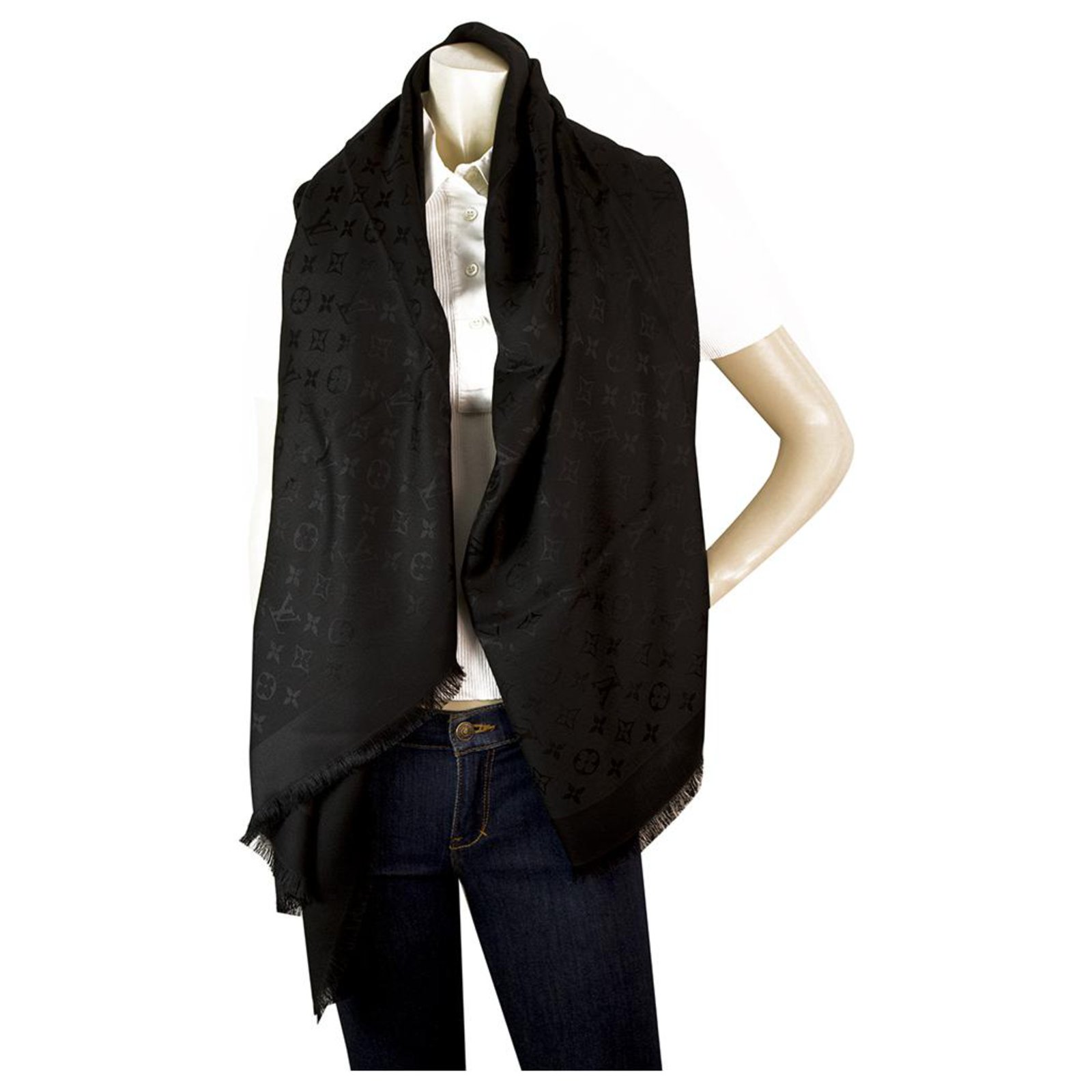 Louis Vuitton monogram gray tone on tone shawl fringes weaved wool cashmere  silk blend Dark grey ref.912291 - Joli Closet