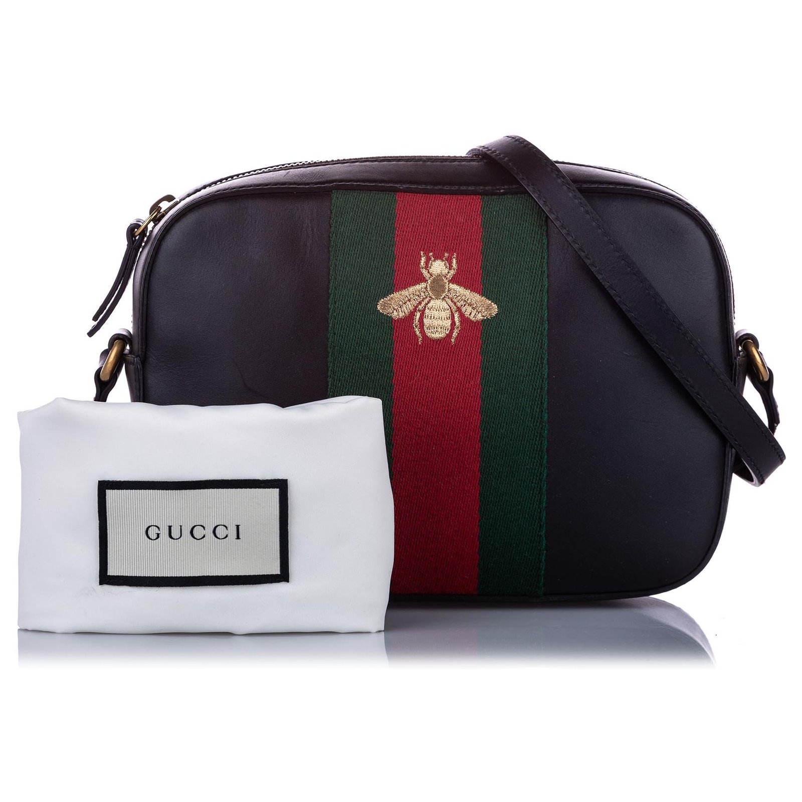 Gucci Black Leather Webby Bee Shoulder Bag
