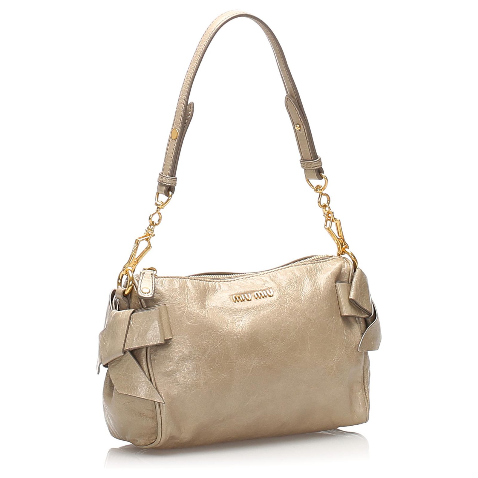 Miu Miu Brown Bow Leather Shoulder Bag Beige Metal Pony-style calfskin  ref.231734 - Joli Closet