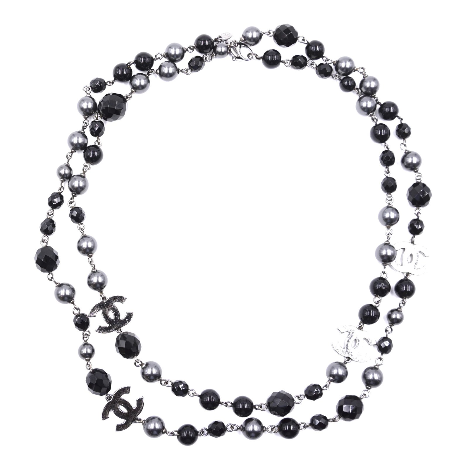 Chanel Black Grey CC Bead Pearl lined Single Necklace