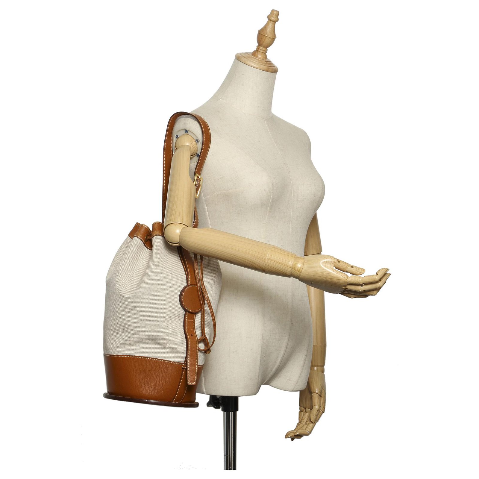 Hermès Hermes White Toile Standy Bucket Bag Brown Cream Light