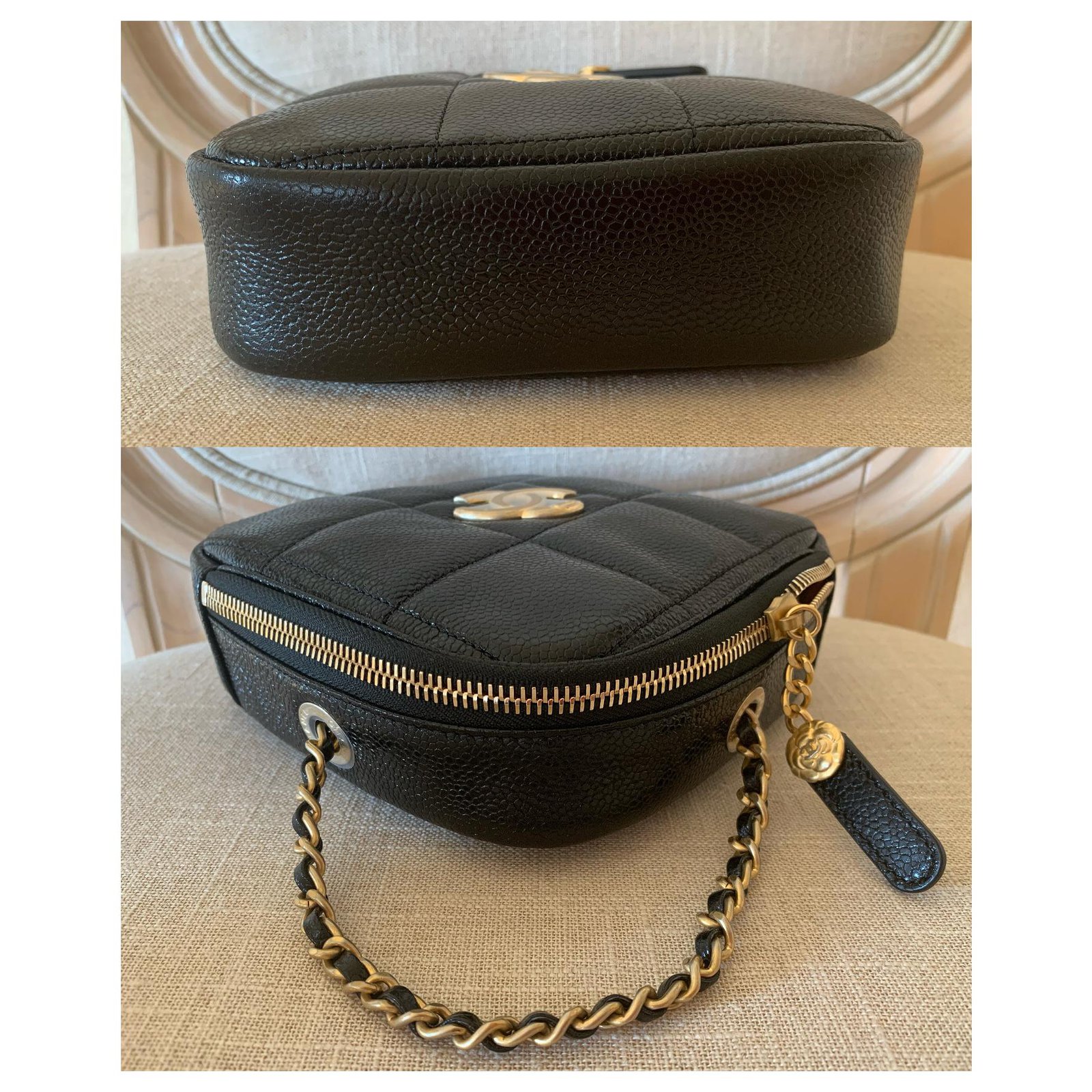 Handbags Chanel Runway Black Caviar Leather Diamond Cut Bag Gold Chain