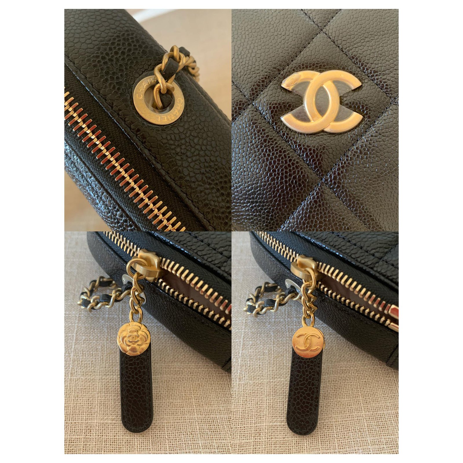 Handbags Chanel Runway Black Caviar Leather Diamond Cut Bag Gold Chain