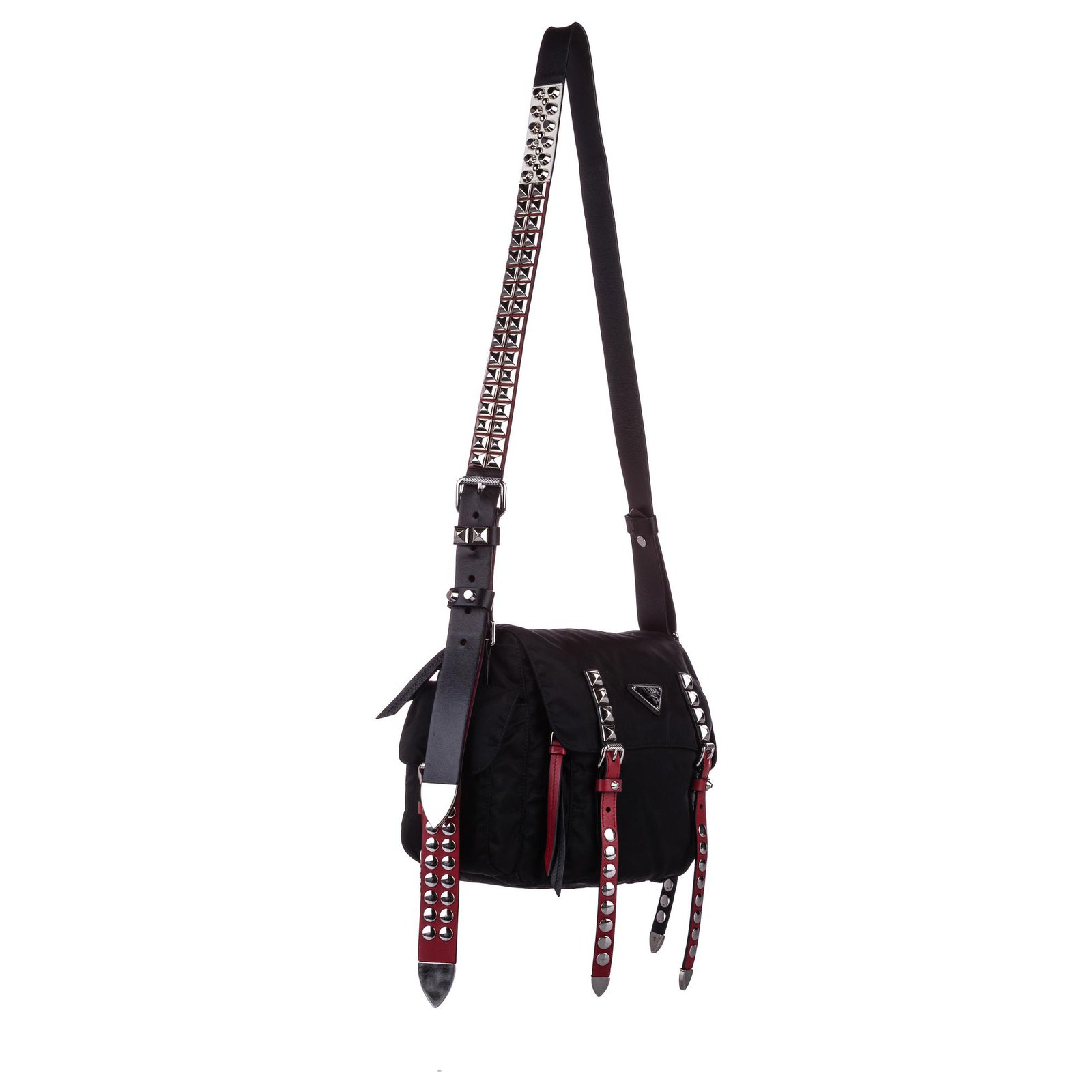 Prada Red/Black Nylon and Leather New Vela Studded Messenger Bag at 1stDibs