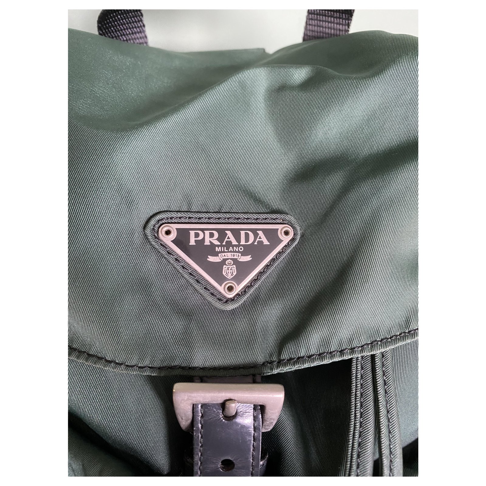 Vintage Prada Backpack Black Green Silver hardware Leather Metal 