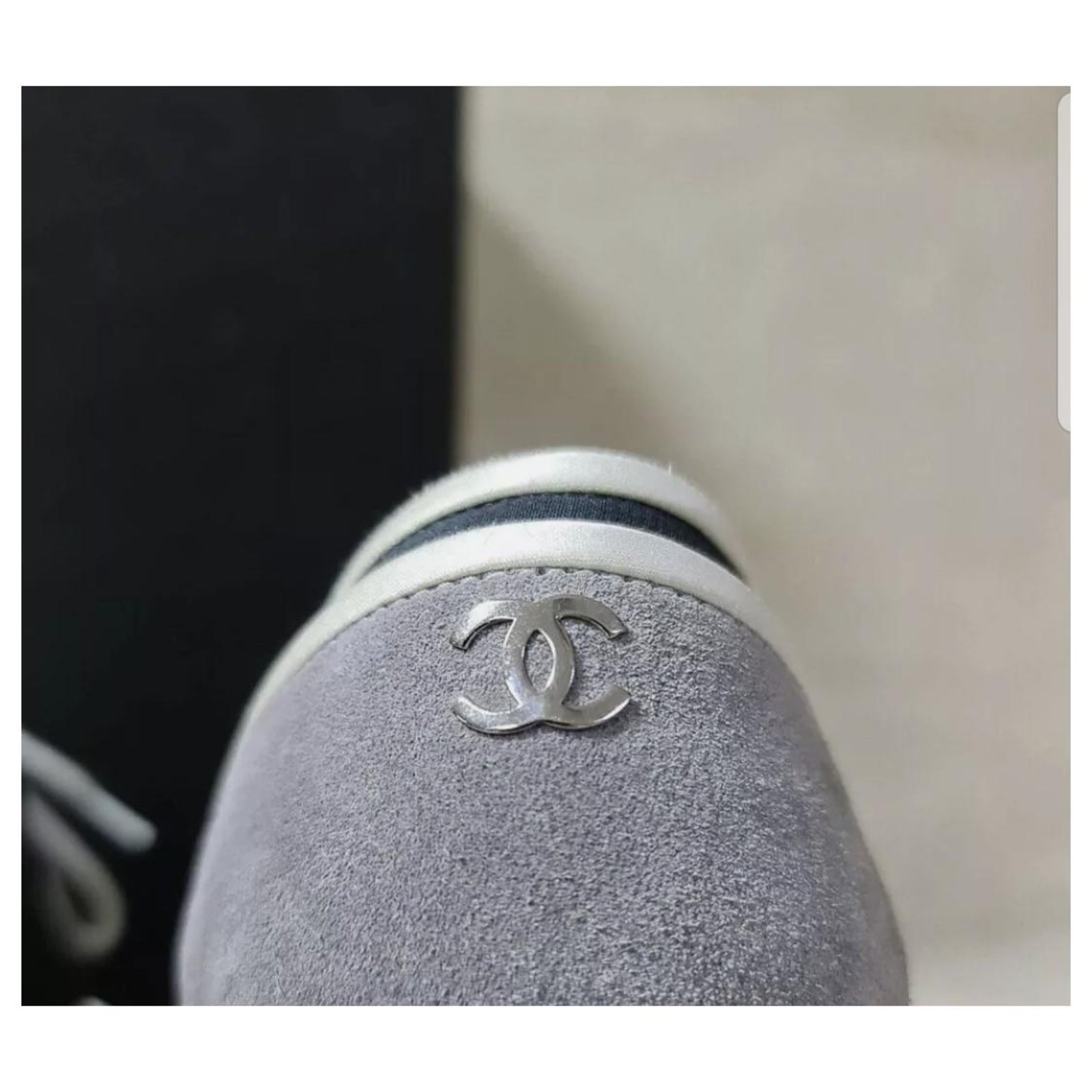 CHANEL TWO TONE CANVAS SUEDE PEARLS CC LOGO ESPADRILLE WEDGE