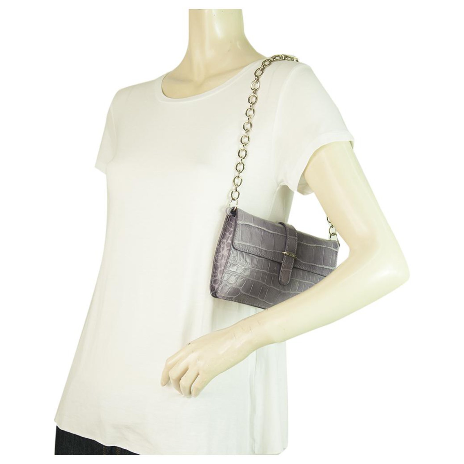 Furla Purple Crocodile Embossed Leather Clutch Chain