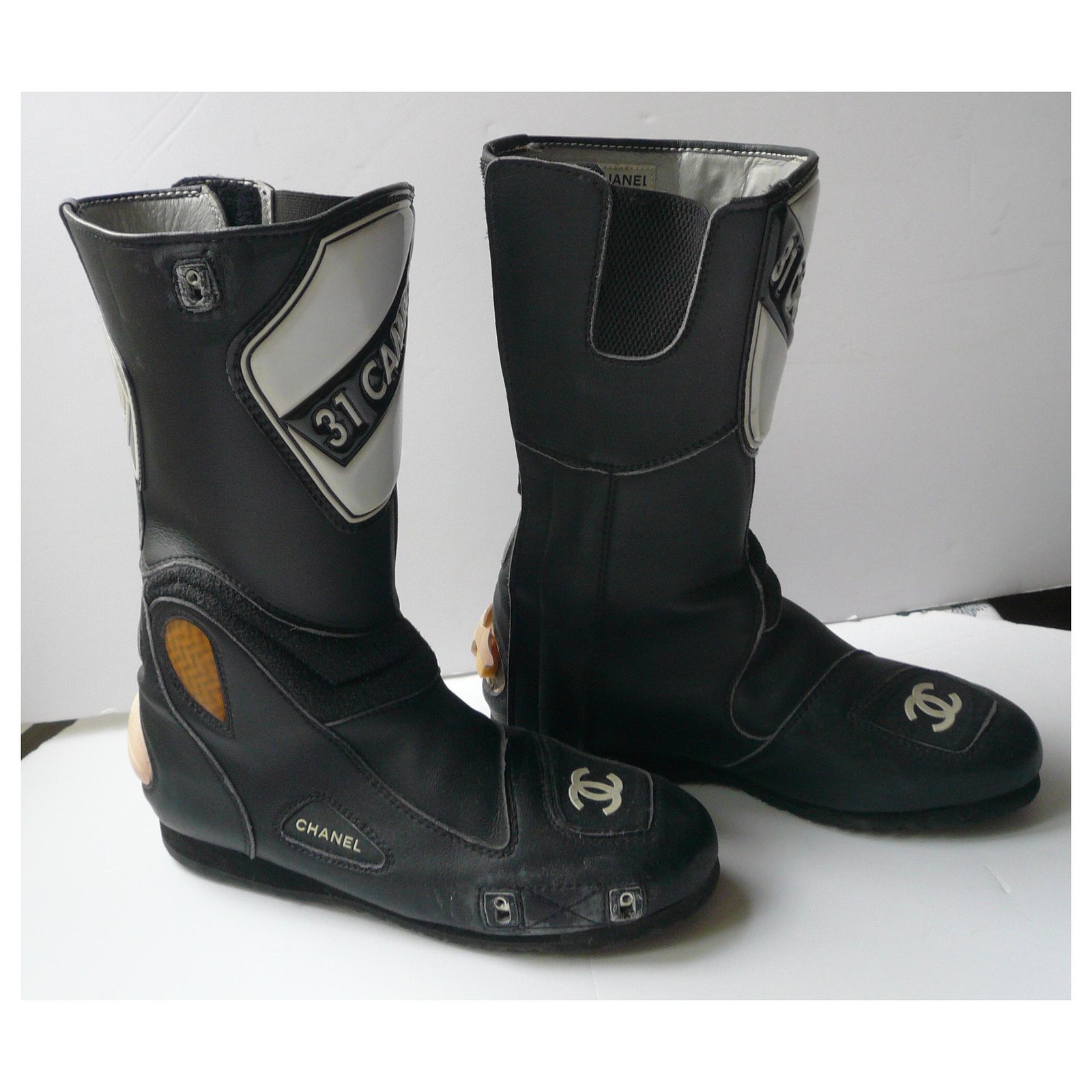 Chanel Vintage Black Leather 31 Cambon CC Motocross Mid Calf Boots Sz 36  For Sale at 1stDibs