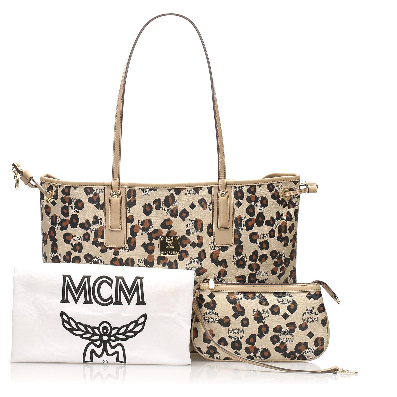 New MCM Women Brown Fur-Leather Cheetah Print Pouch Set