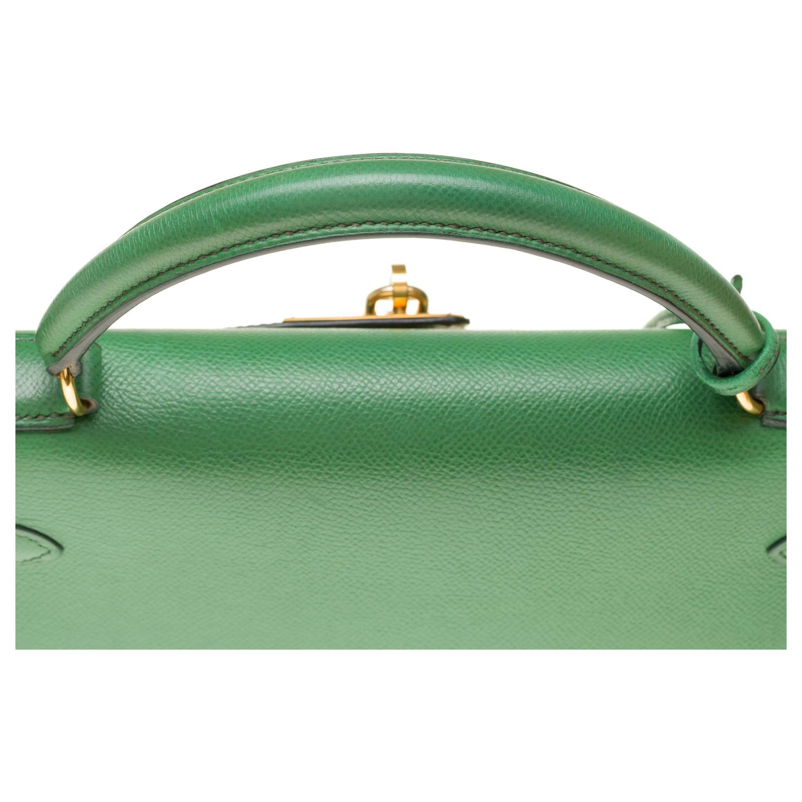 RARE Hermès Kelly 32 sellier handbag with strap in green courchevel and GHW