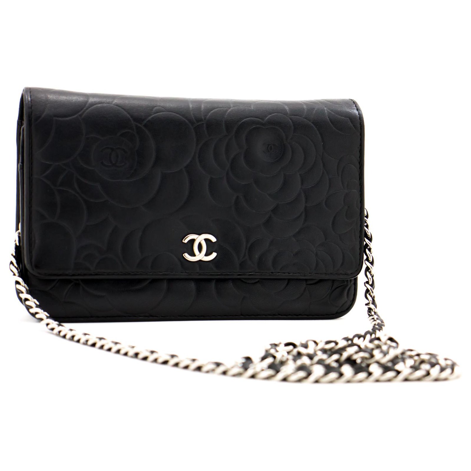 CHANEL Black Camellia Embossed Wallet On Chain WOC Shoulder Bag k68 –  hannari-shop