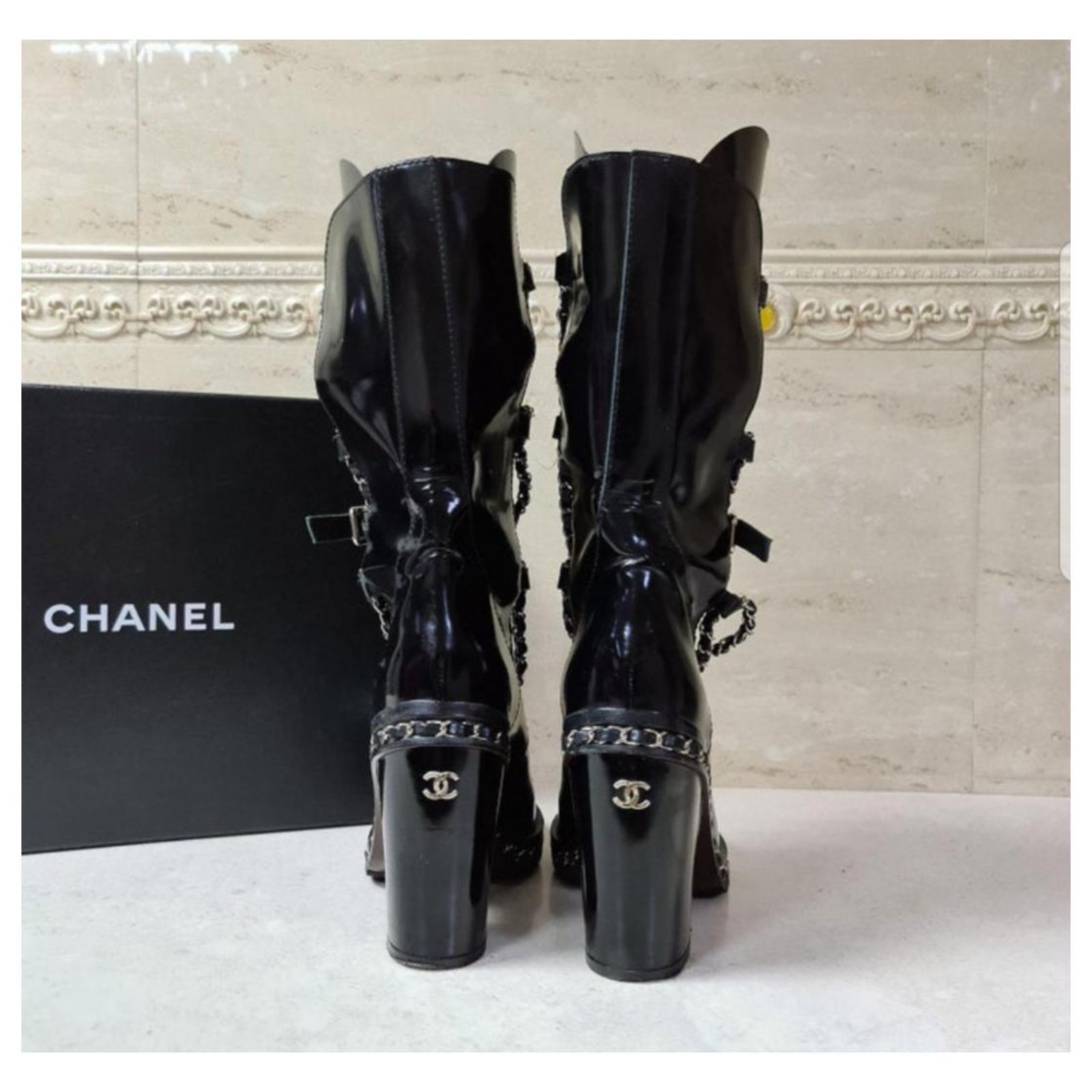 Chanel 2013 White Patent Leather Chain Obsession Heeled Calf Boots Siz –  Lux Second Chance