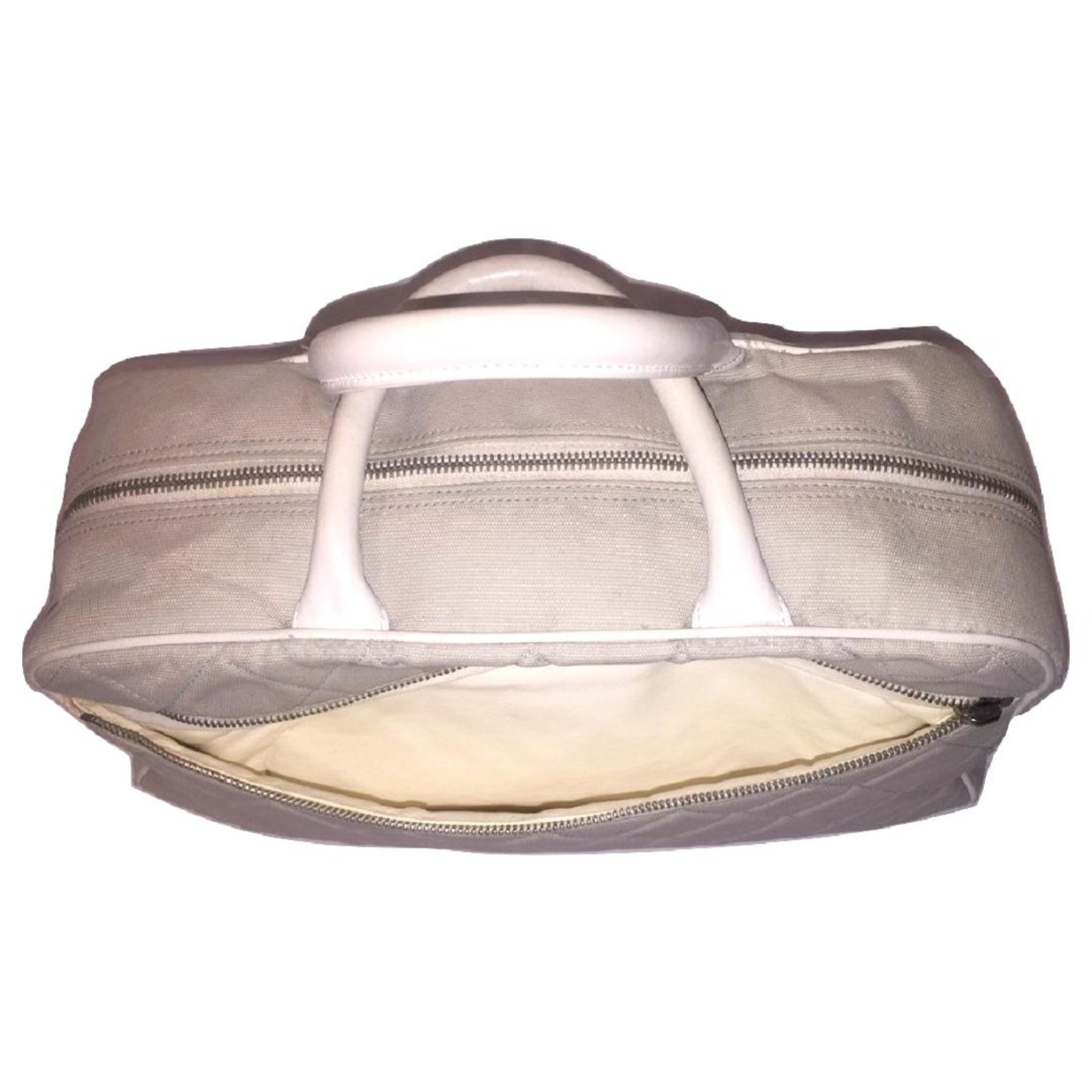 CHANEL vintage Bowling bag White Grey Leather Cloth ref.246076