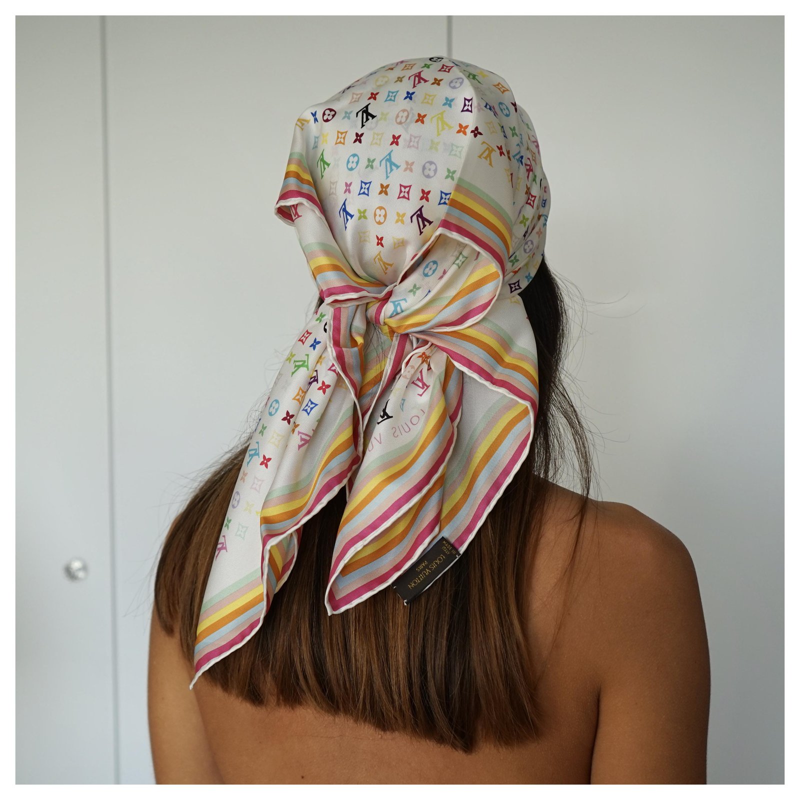 Authentic LOUIS VUITTON Scarf Takashi Murakami chiffon scarf Silk #5572
