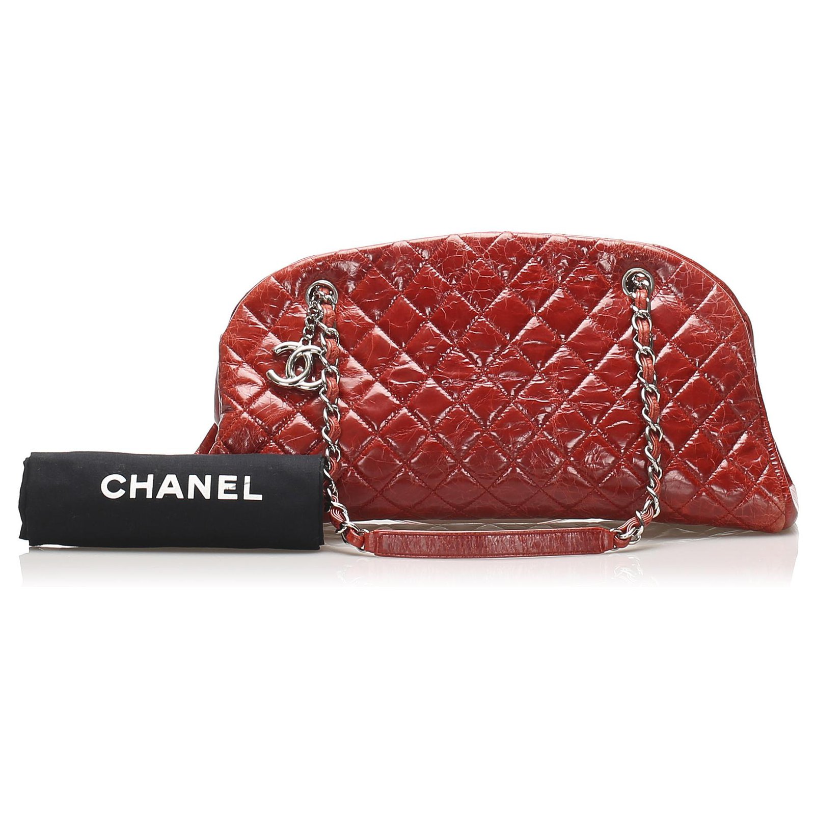 CHANEL Just Mademoiselle Patent Leather Bowling Bag Red
