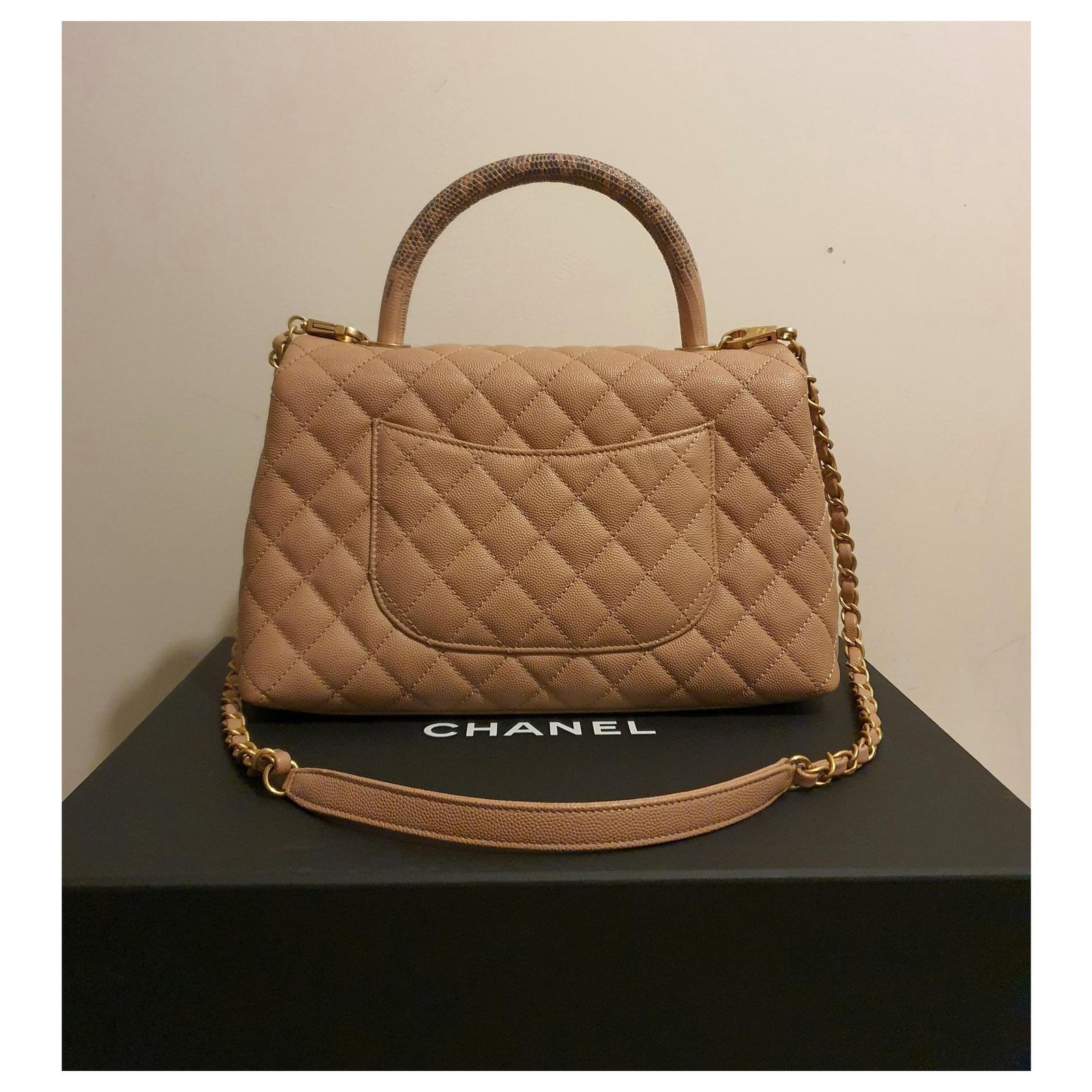 CHANEL Caviar Quilted lizard top Coco Handle Flap Pink Limited
