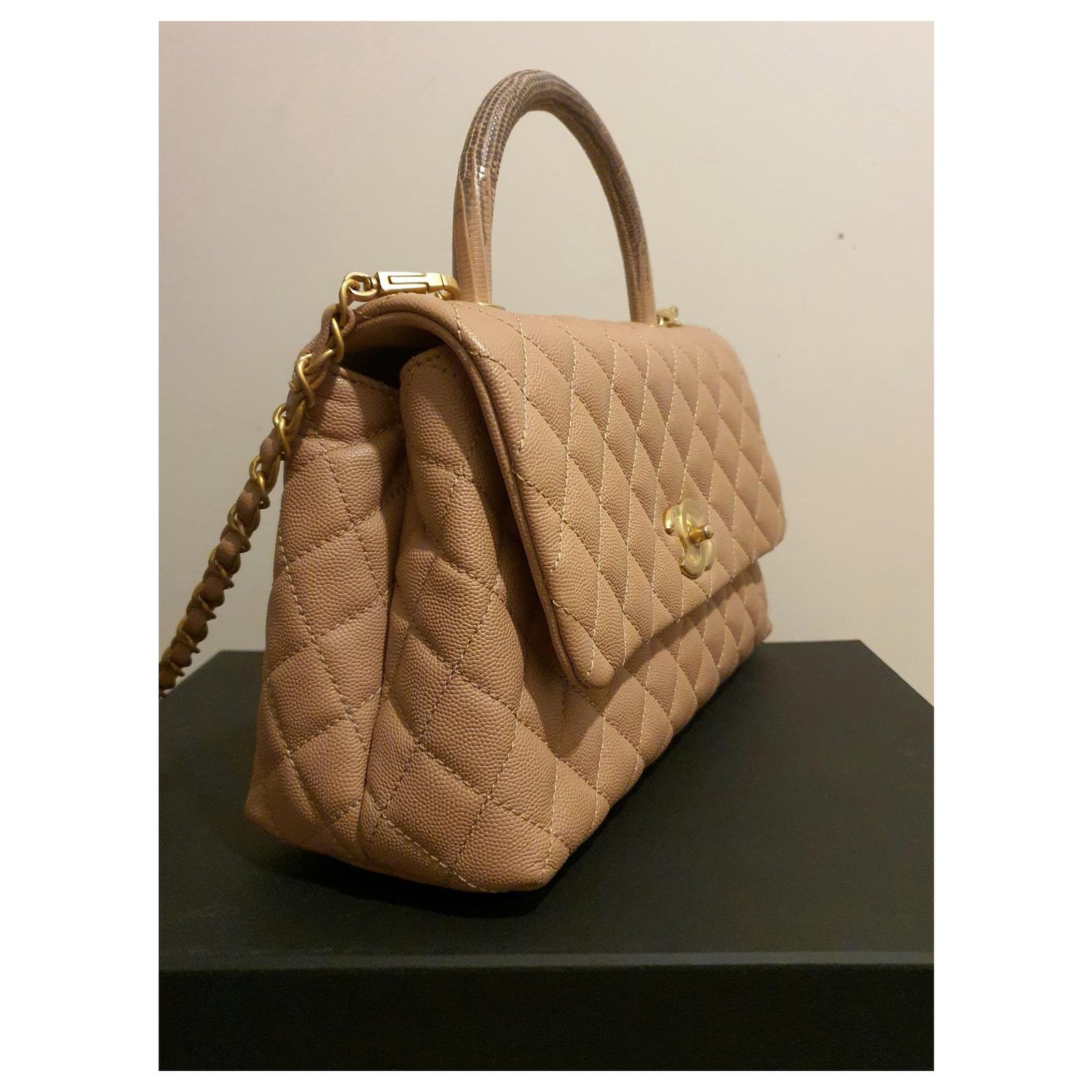 SOLD* 1730-1168 Beige/Burgundy Lizard Leather 29cm Coco Handle Bag