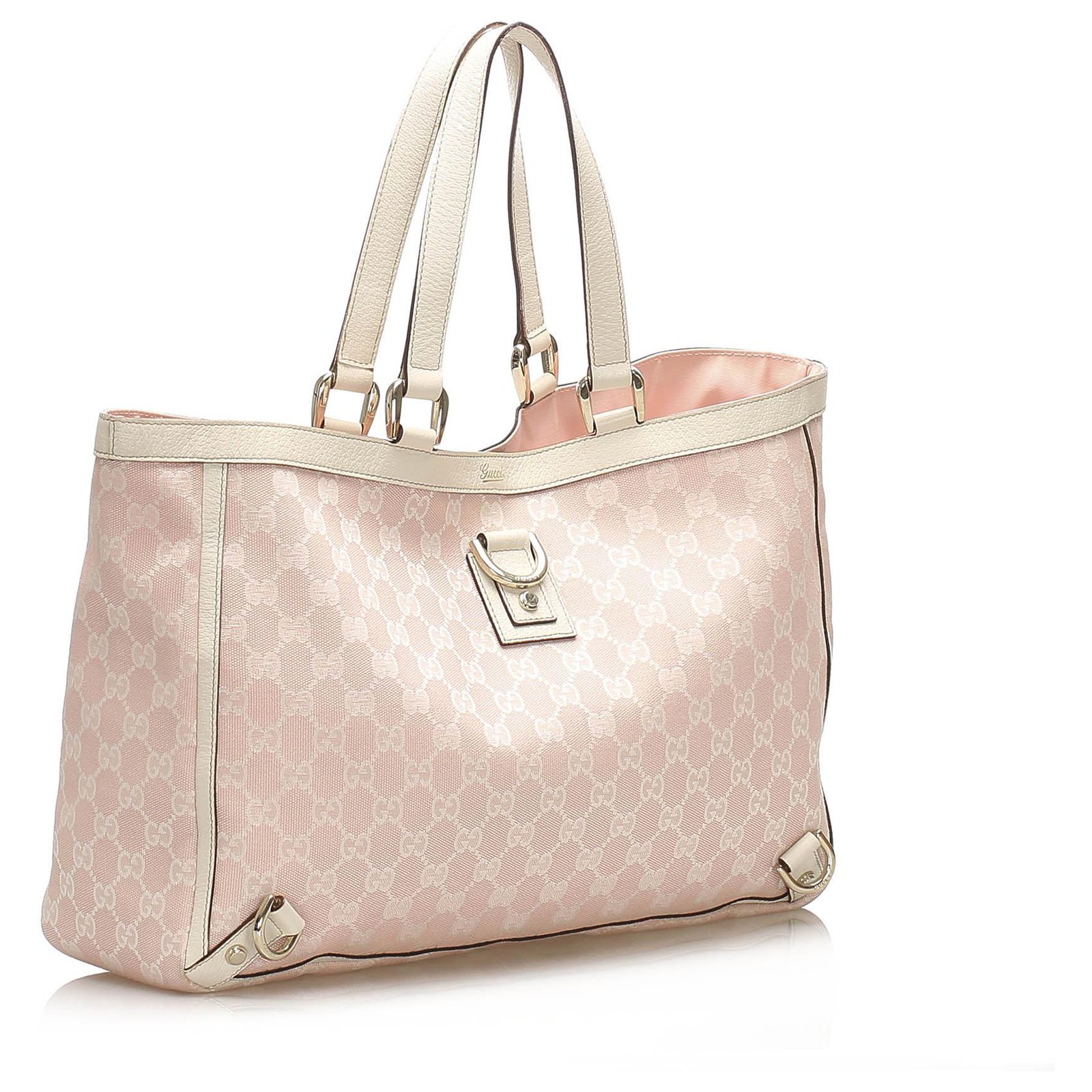 Gucci Pink GG Canvas Abbey D Ring Tote Bag White Leather Cloth