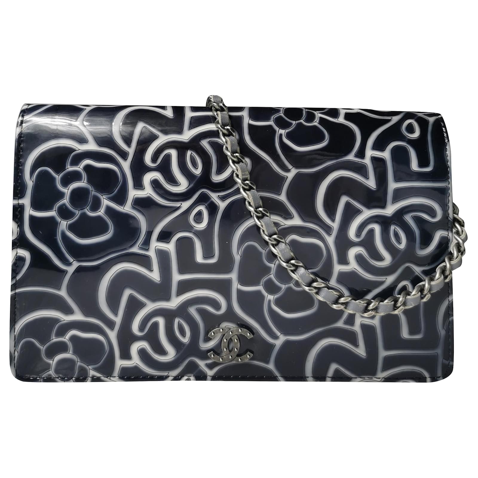 Wallet On Chain Chanel WOC Grey Navy blue Patent leather Lambskin ref