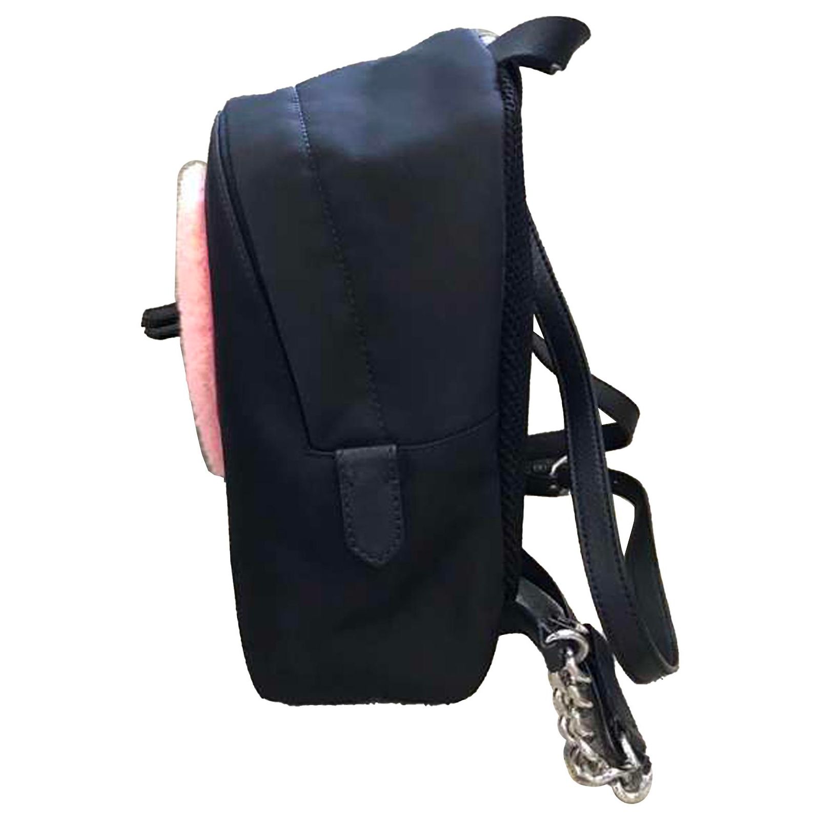 Fendi Black Mini Shearling Bulb  Nylon Backpack Fendi Black Nylon Leather Fur Monster Eyes Backpack main image 4