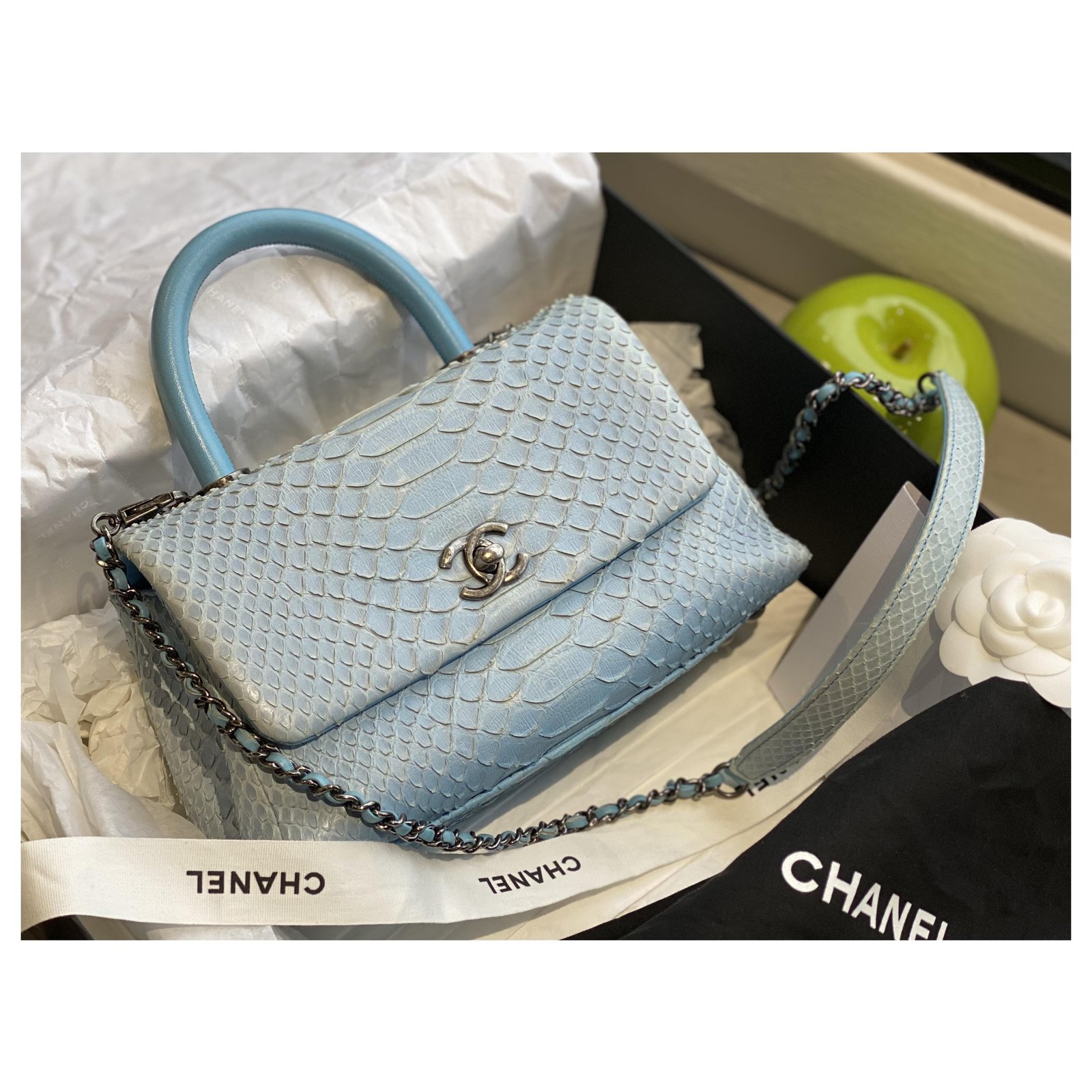 Chanel Coco handle small Blue Silver hardware Python ref.251205