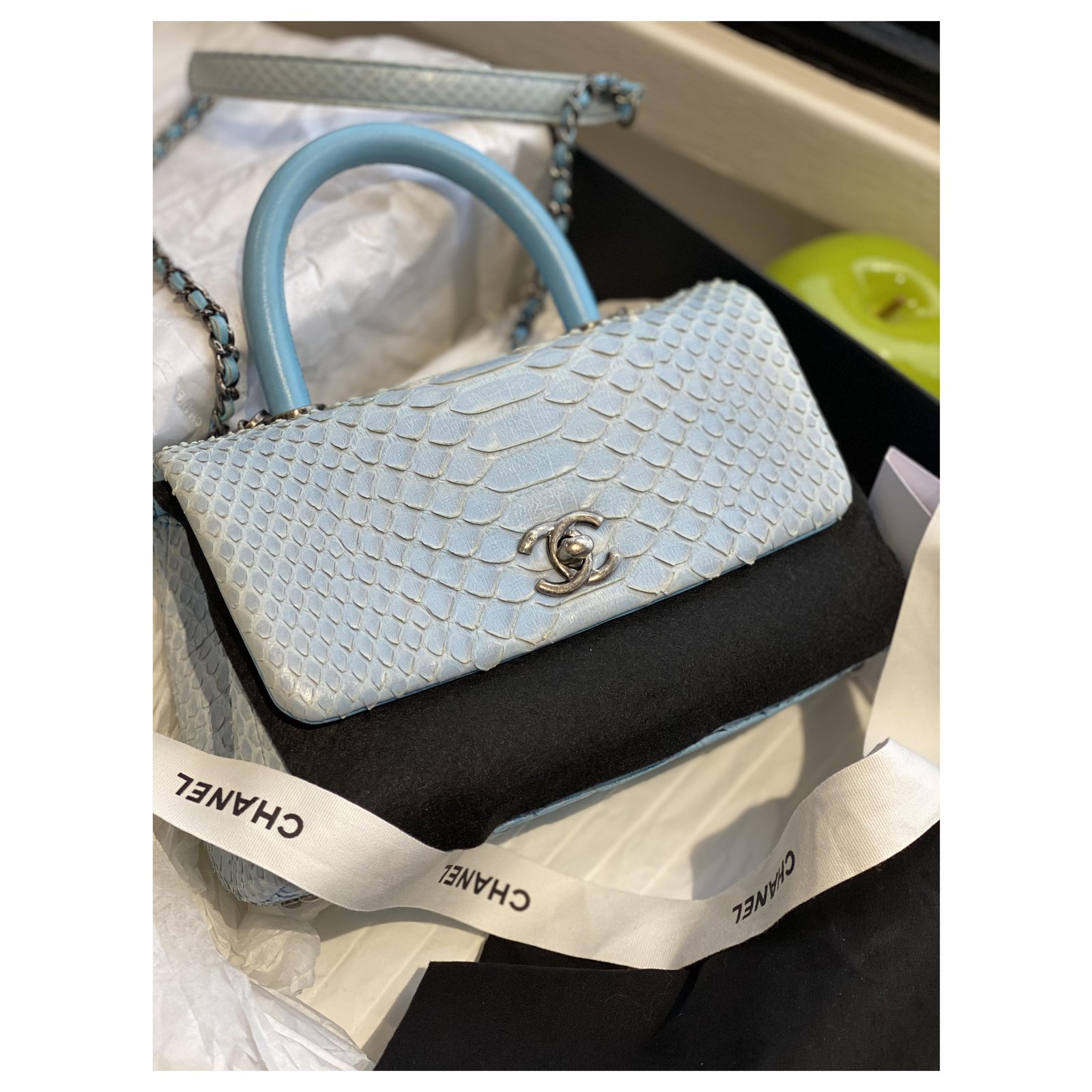 Chanel Coco handle small Blue Silver hardware Python ref.251205