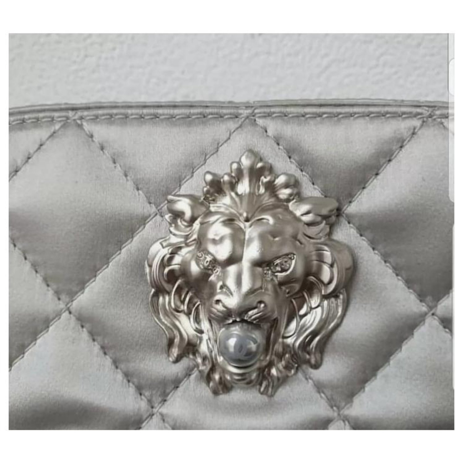 Chanel Lion Head Pearl Silver Satin Clutch