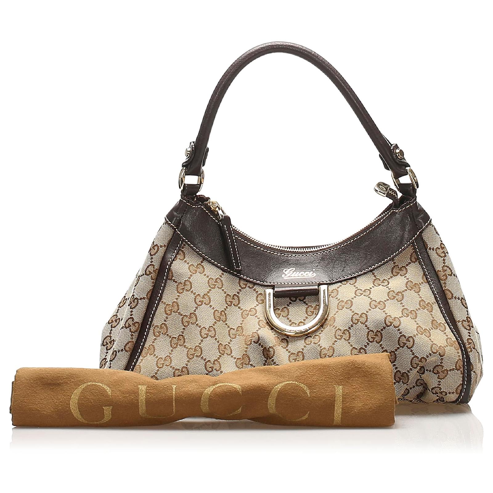 Gucci Brown GG Canvas Abbey D-Ring Shoulder Bag Black Beige