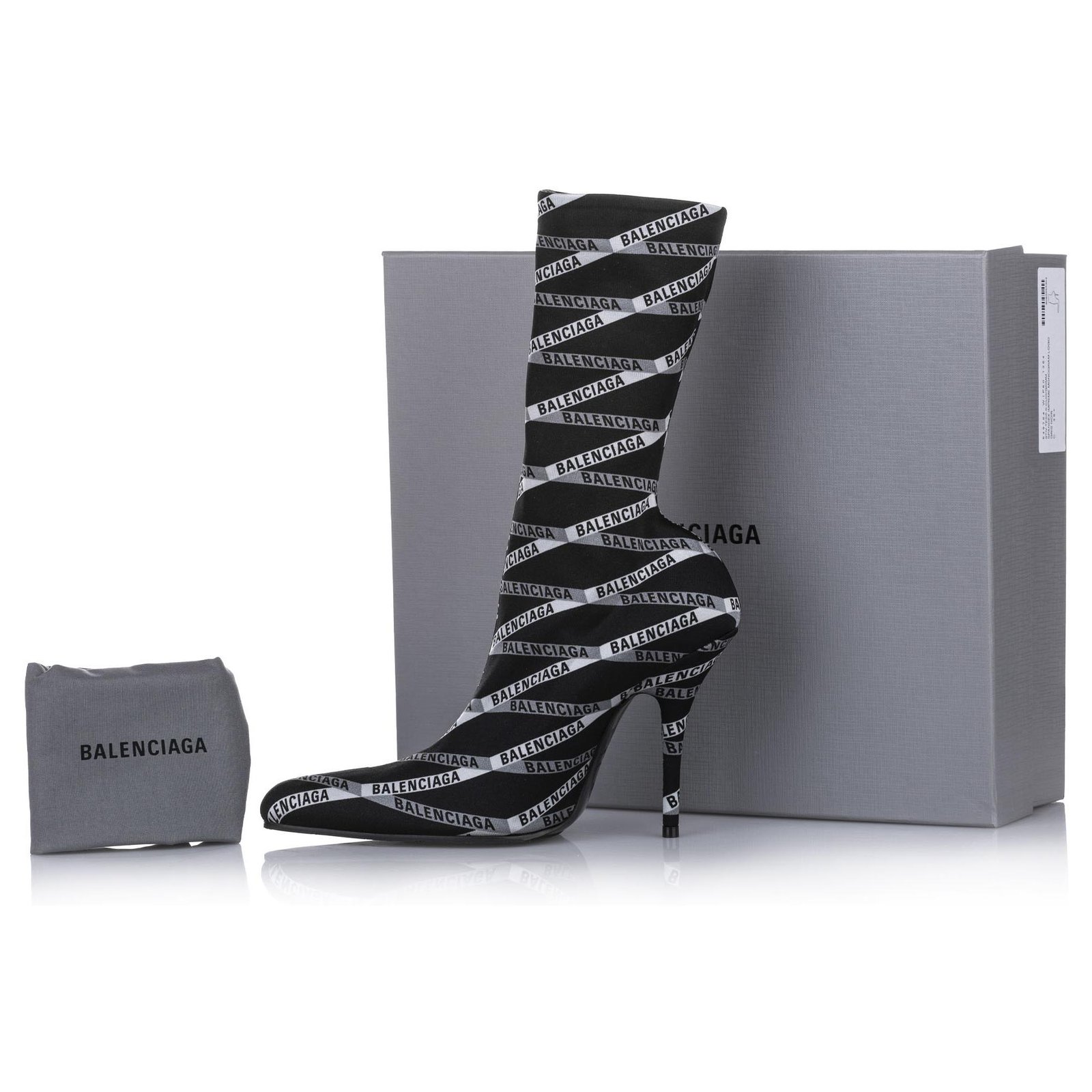 Balenciaga Black Logo Spandex Boots White Leather Pony-style calfskin Cloth  ref.255282 - Joli Closet