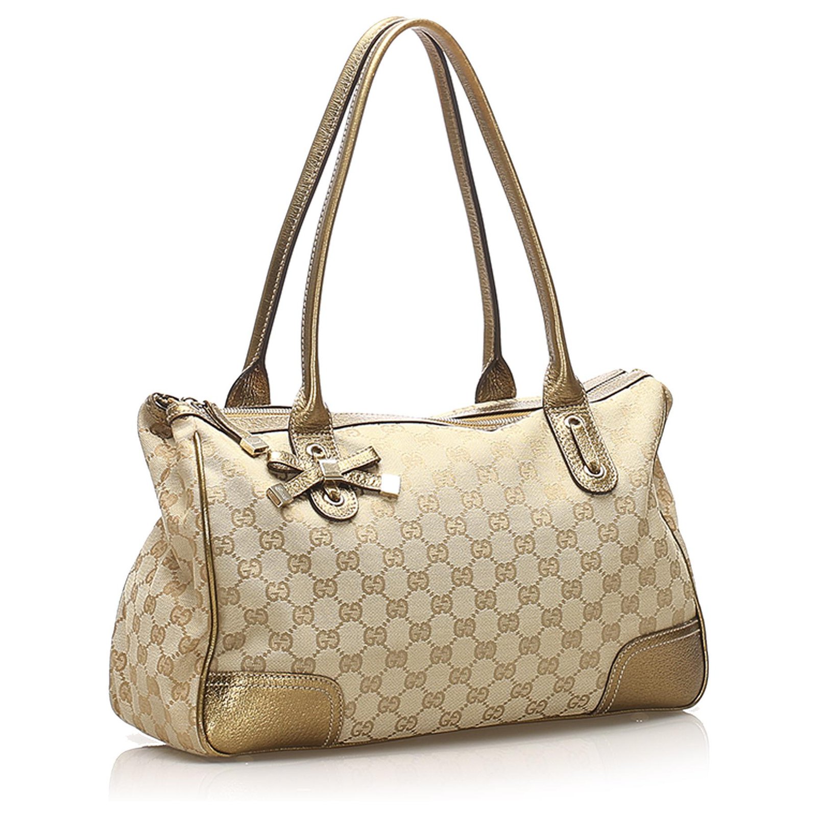 Gucci Brown GG Canvas Boat Baguette Beige Leather Cloth Pony-style calfskin  Cloth ref.274511 - Joli Closet