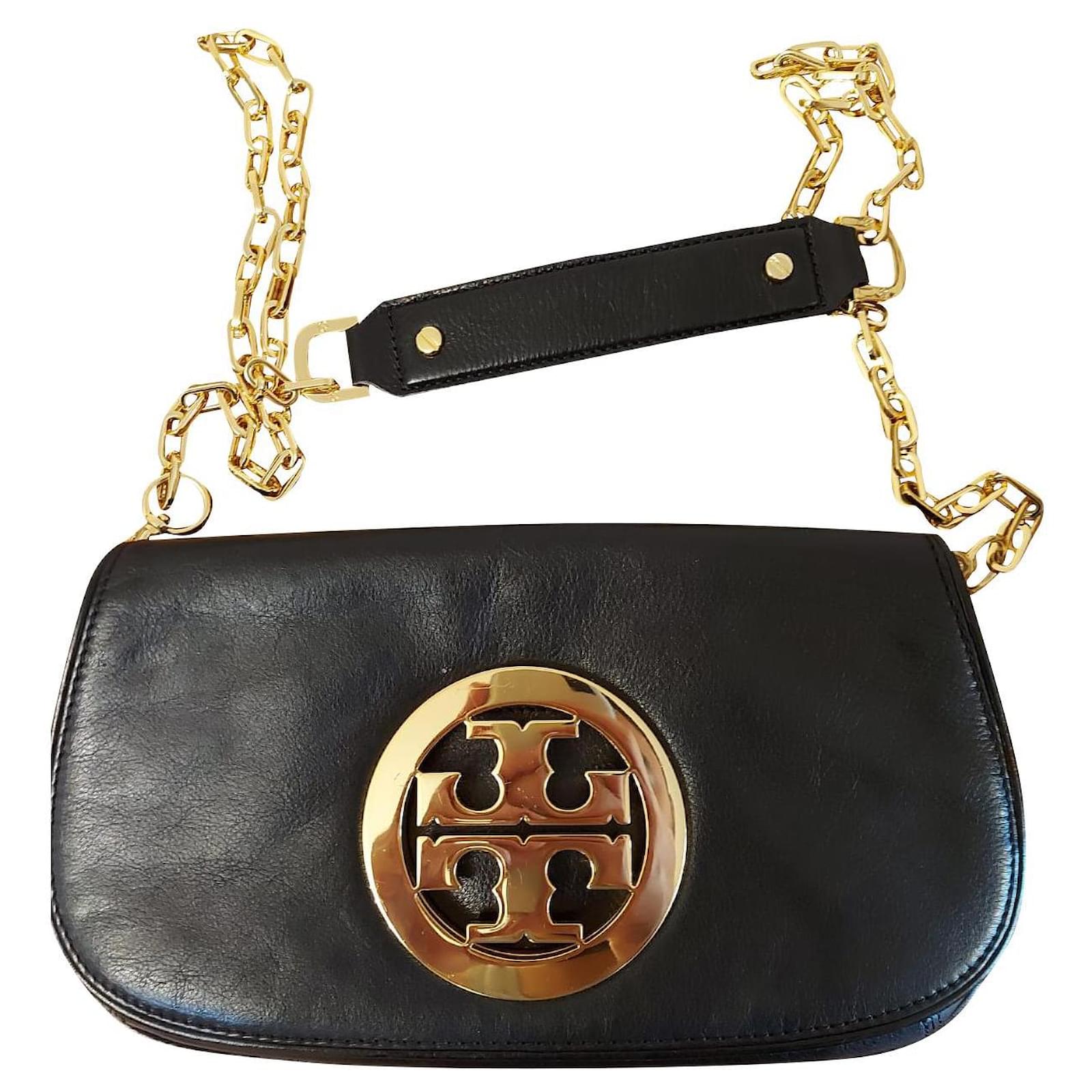 Authentic Tory Burch "Reva" convertible clutch Black Leather ref.256812 Joli Closet