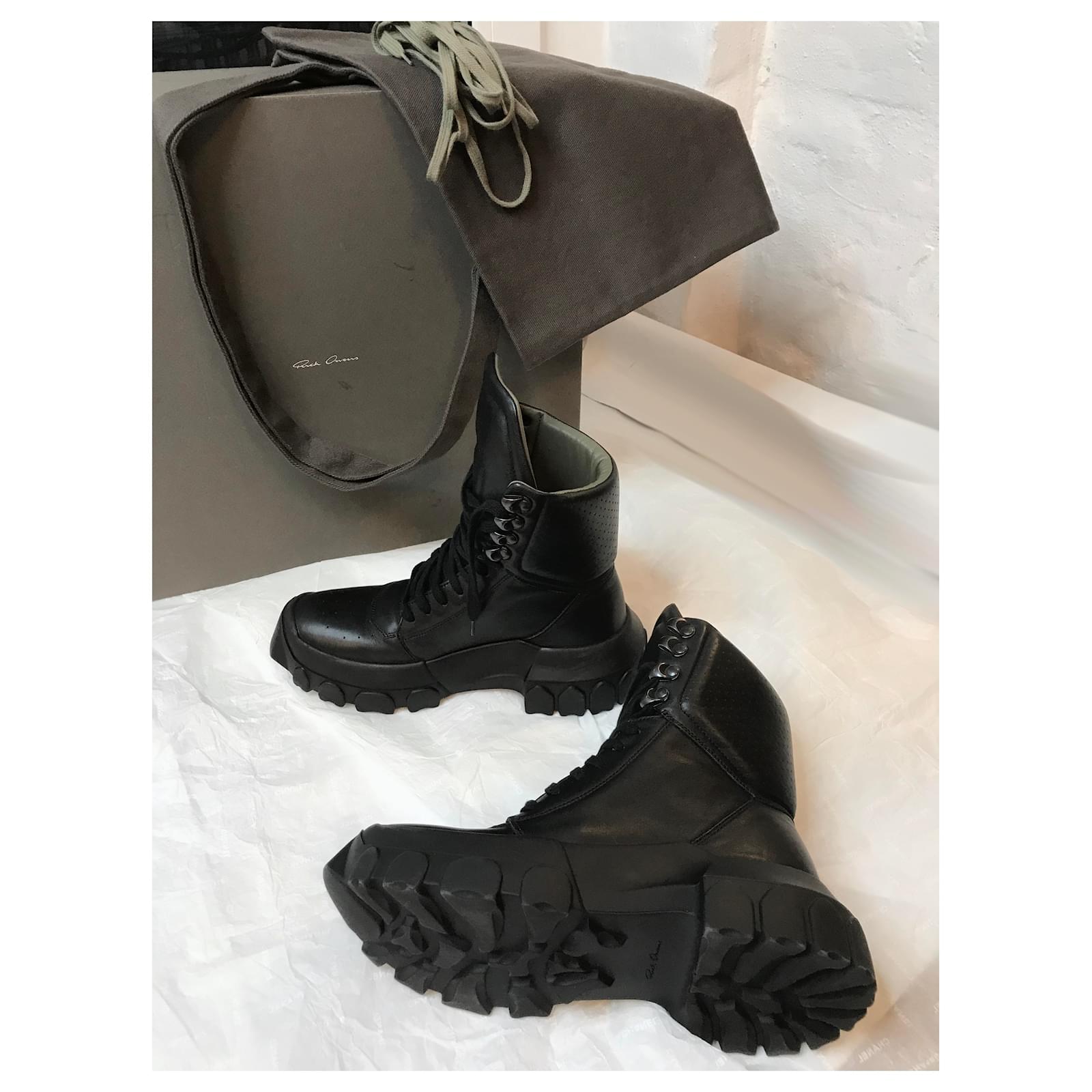 Rick Owens Black Tractor Dunk Lace-up Ankle Boots Leather ref