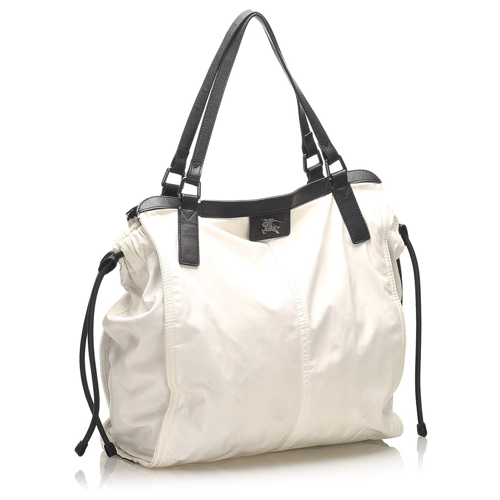 Burberry White Canvas Tote Bag Black Leather Cloth Pony-style calfskin  Cloth ref.528323 - Joli Closet