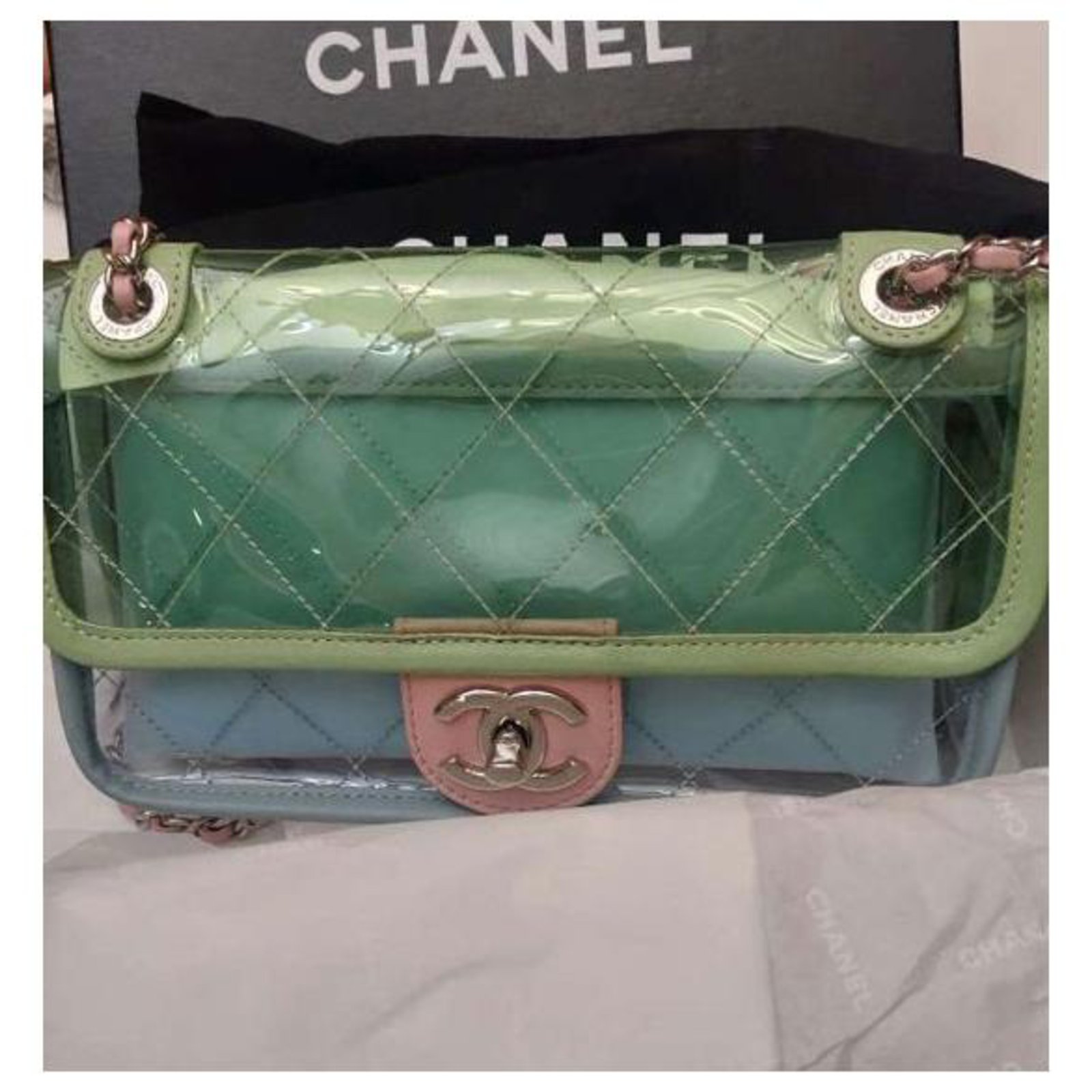 Fashionphile - One of our favorite transparent bags, the Chanel Lambskin  PVC Quilted Mini Coco Splash Flap in Blue Green. Shop our other Clearly  Cute Bags