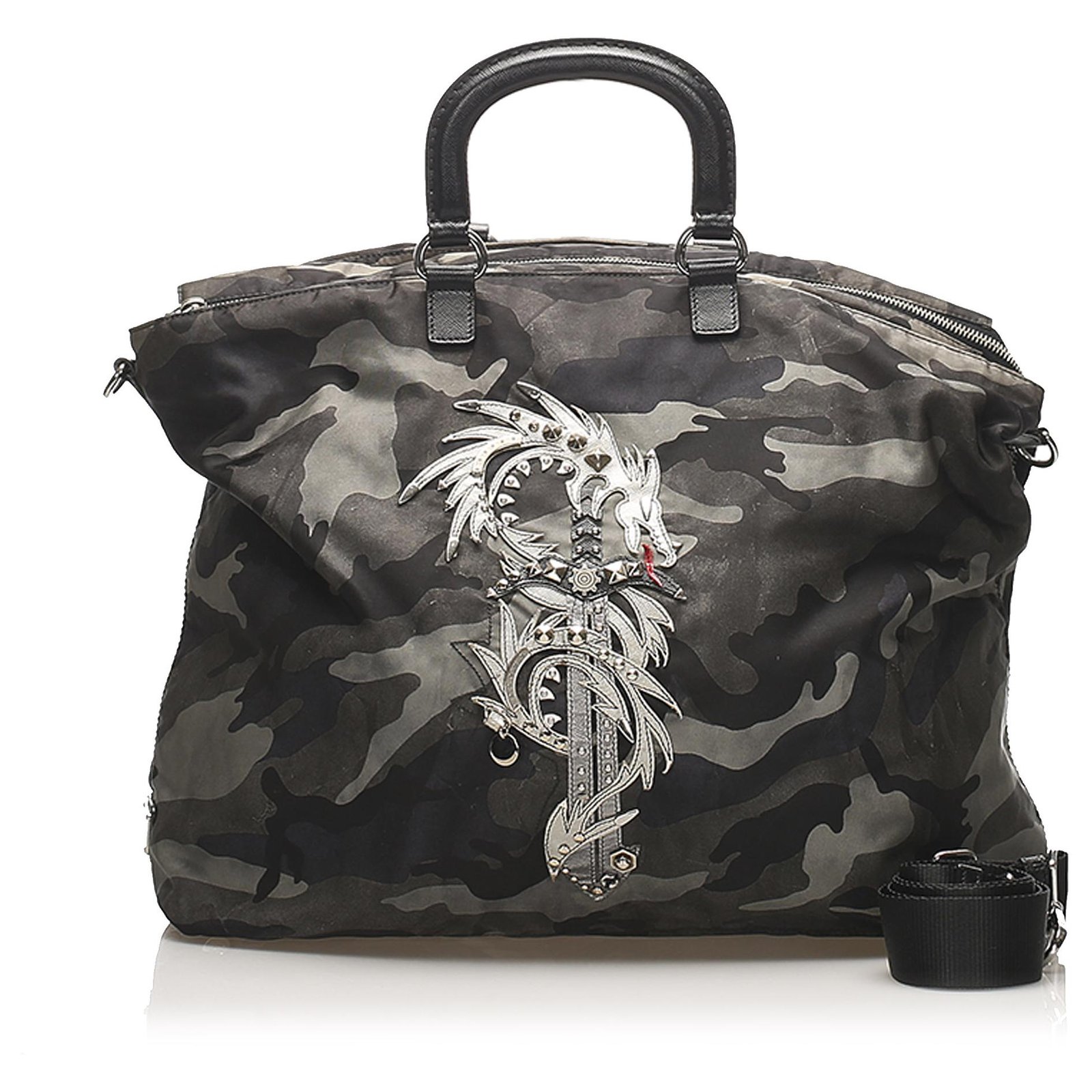 Prada Black Tessuto Camouflage Dragon Satchel Grey Leather Pony-style  calfskin Nylon Cloth  - Joli Closet