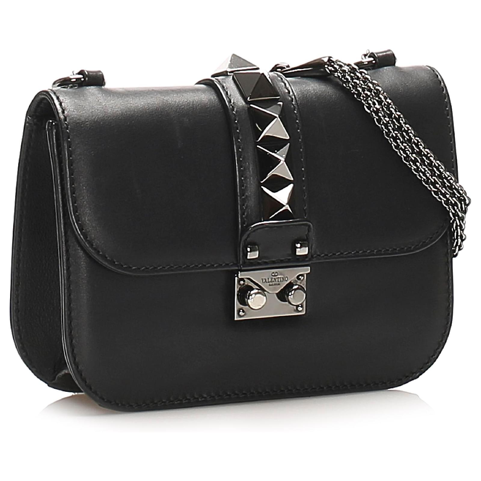Valentino Black Small Rockstud Glam Lock Leather Crossbody Bag Pony