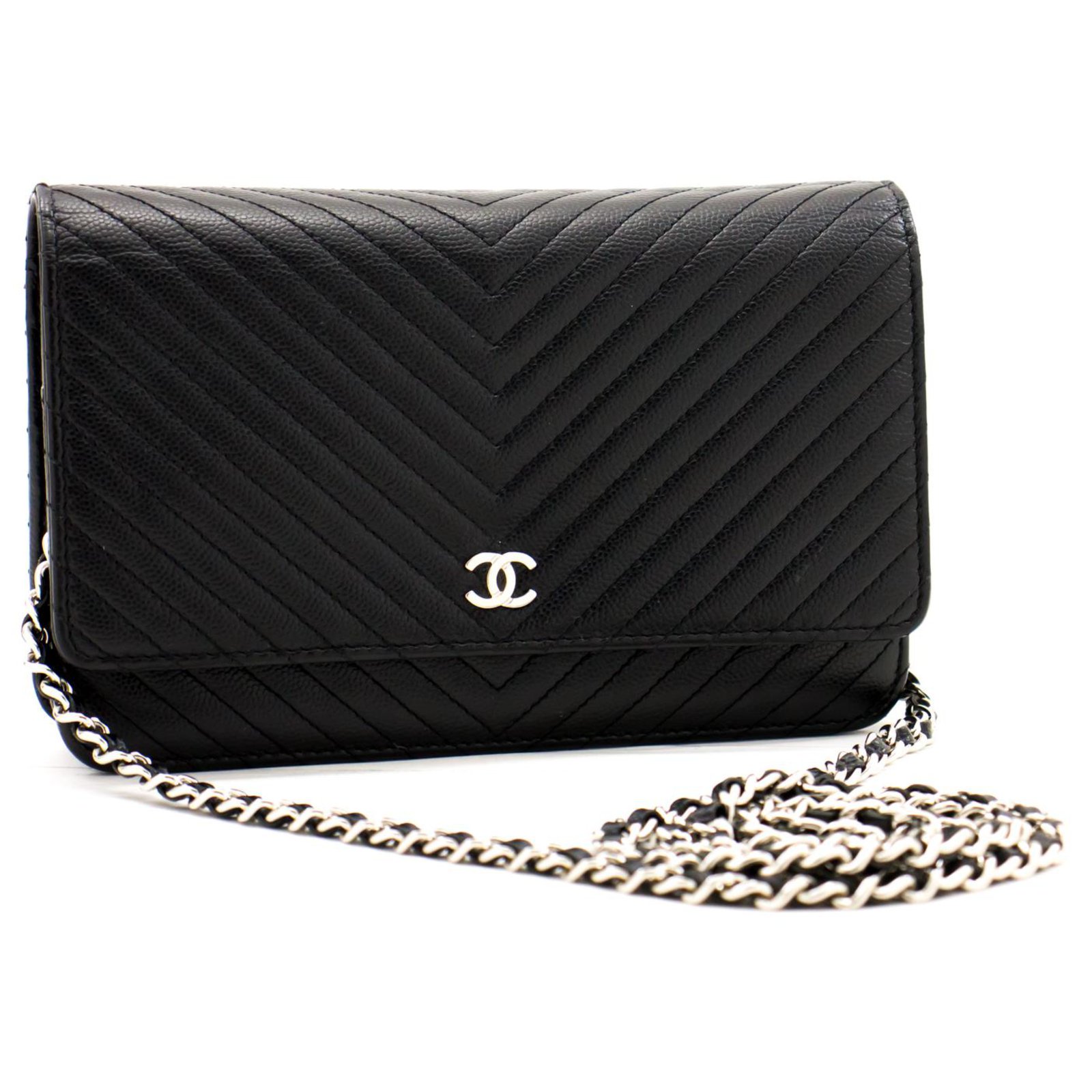 CHANEL V-Stitch Lambskin Wallet On Chain WOC Double Zip Chain Bag