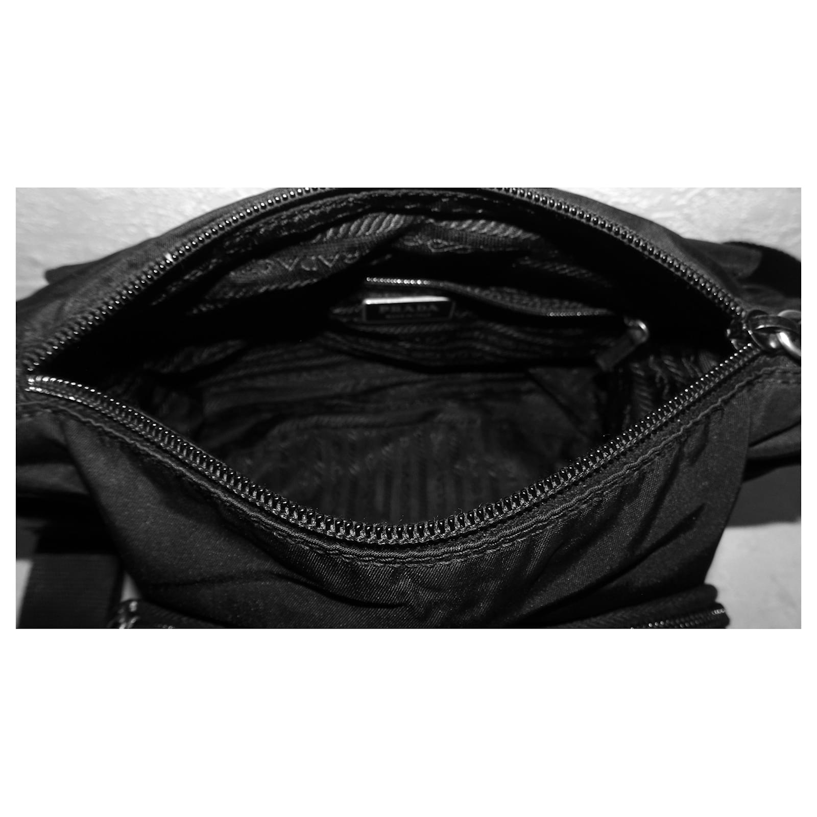 PRADA SMALL NYLON CROSSBODY BAG Black Leather Metal Cloth ref.262039