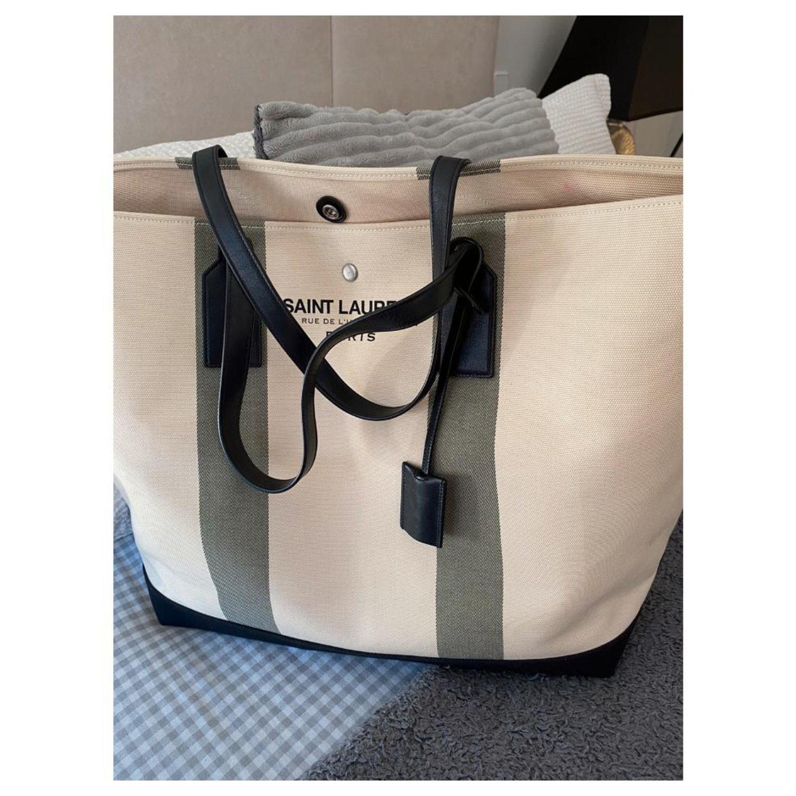 Black Rive Gauche striped cotton-canvas tote bag, Saint Laurent