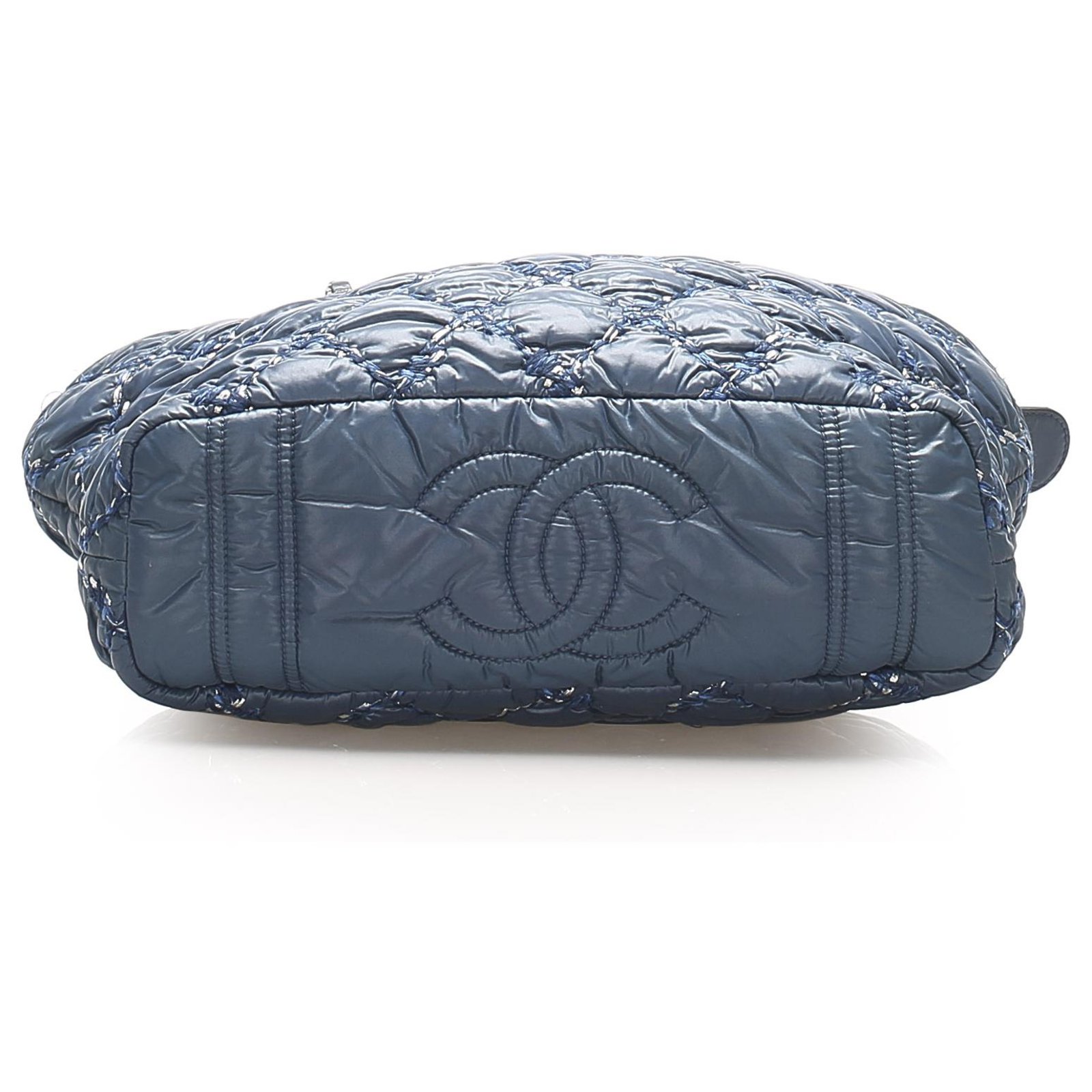 Chanel Blue Nylon Bubble Flap Bag with Tweed Stitching & Silver