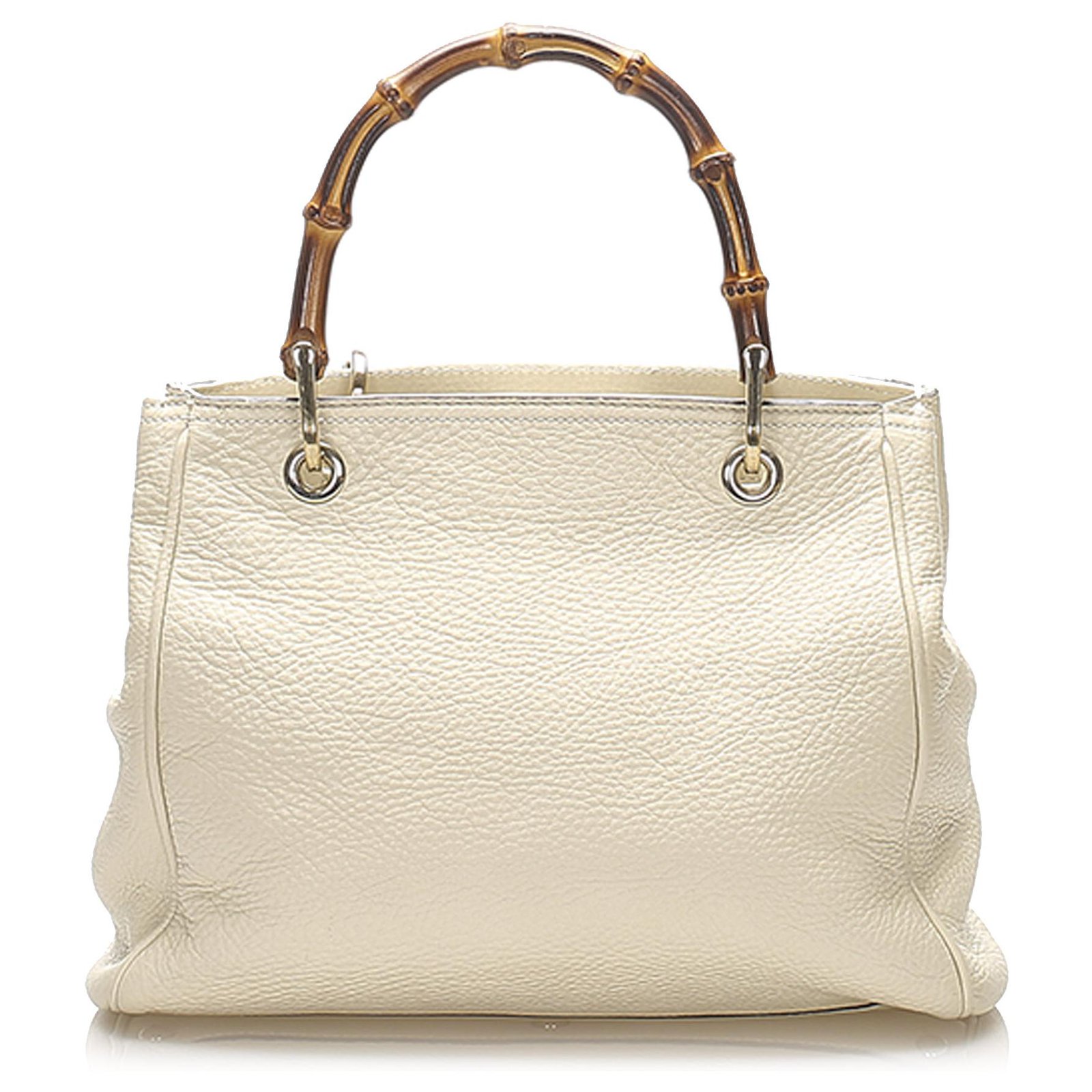 Gucci Brown Bamboo Straw Handbag White Beige Leather Pony-style