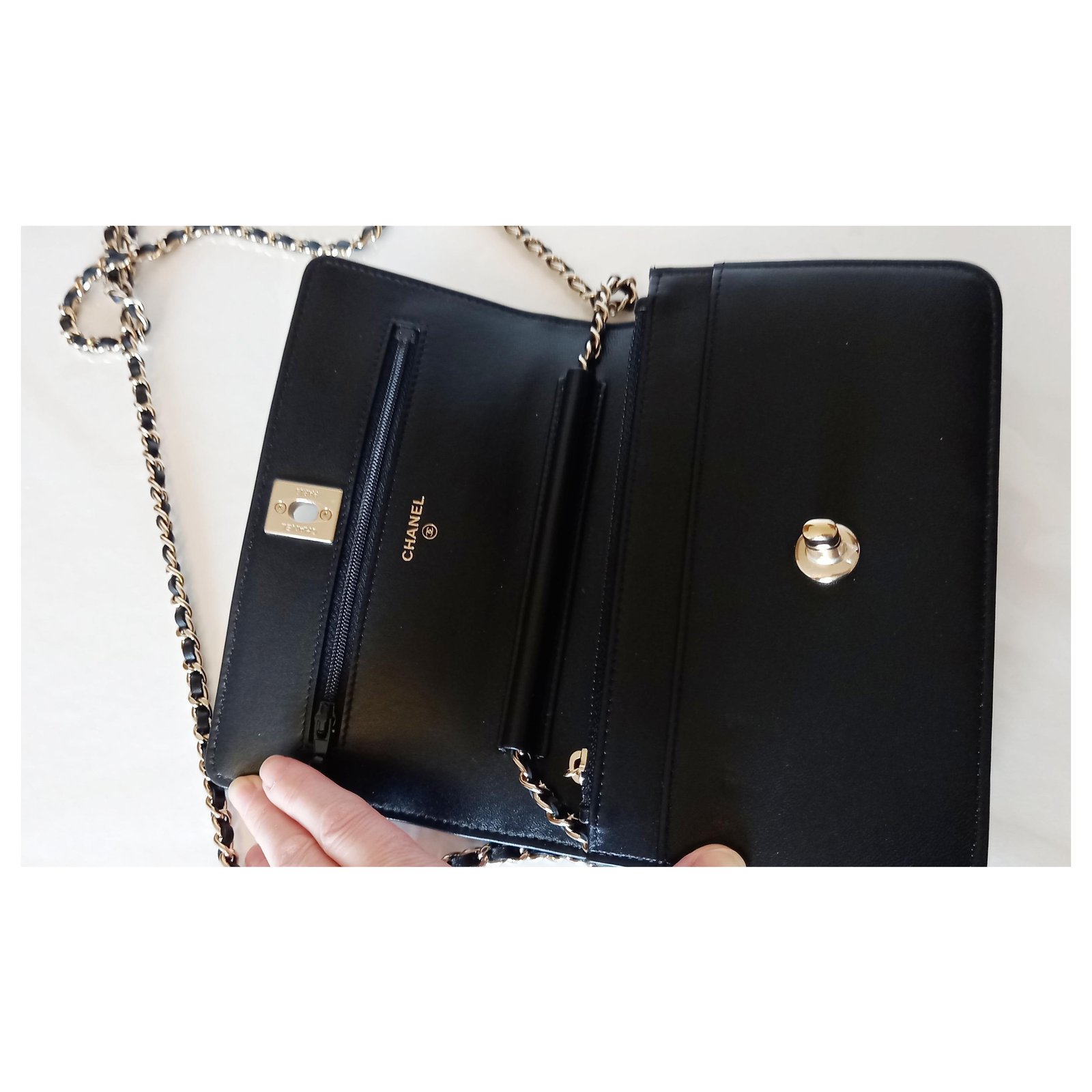 Wallet on Chain - Black - Lambskin & Gold-Tone Metal - Default view - see  full sized version