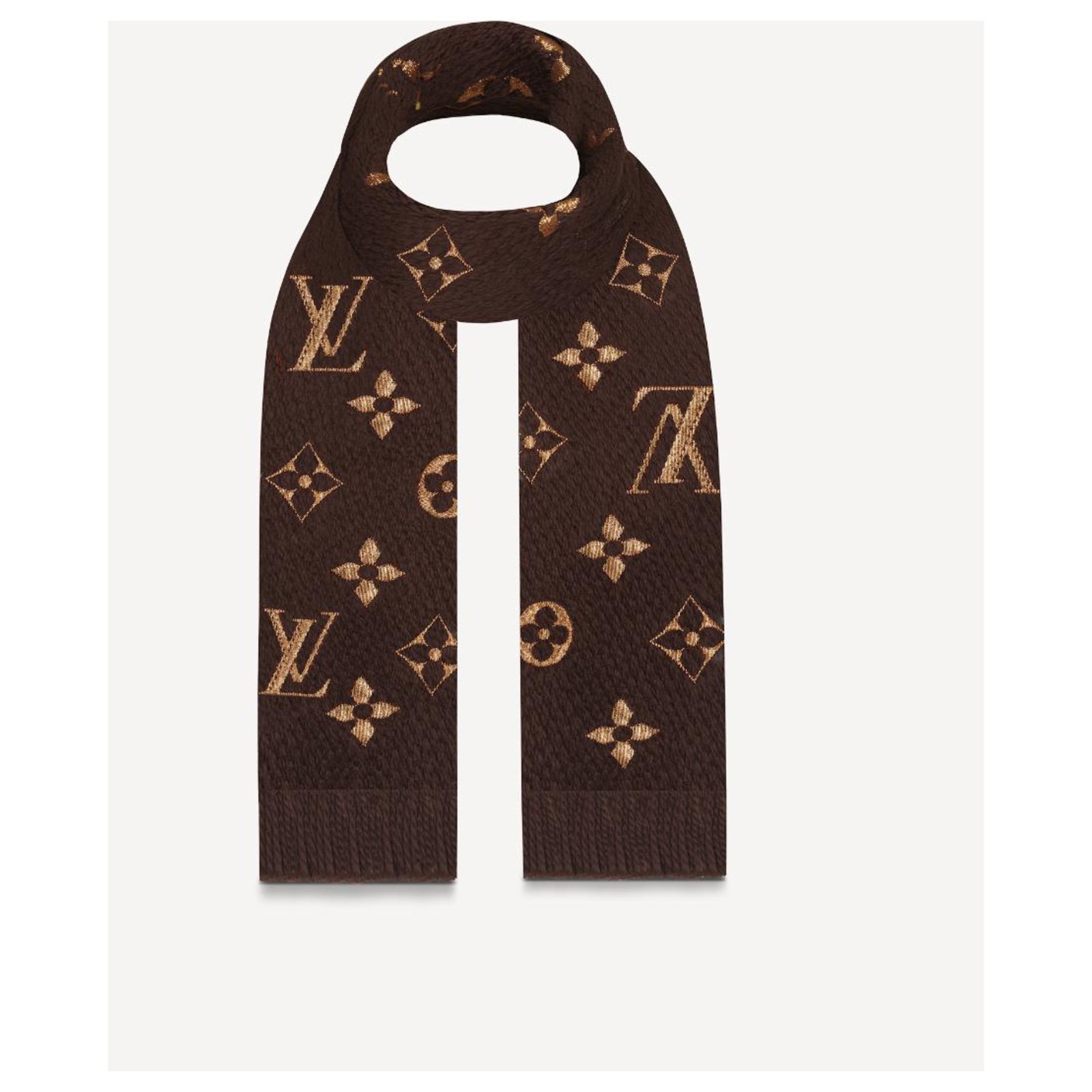 LV scarf logomania brown w/ gold  Lv scarf, Louis vuitton scarf, Branded  scarves