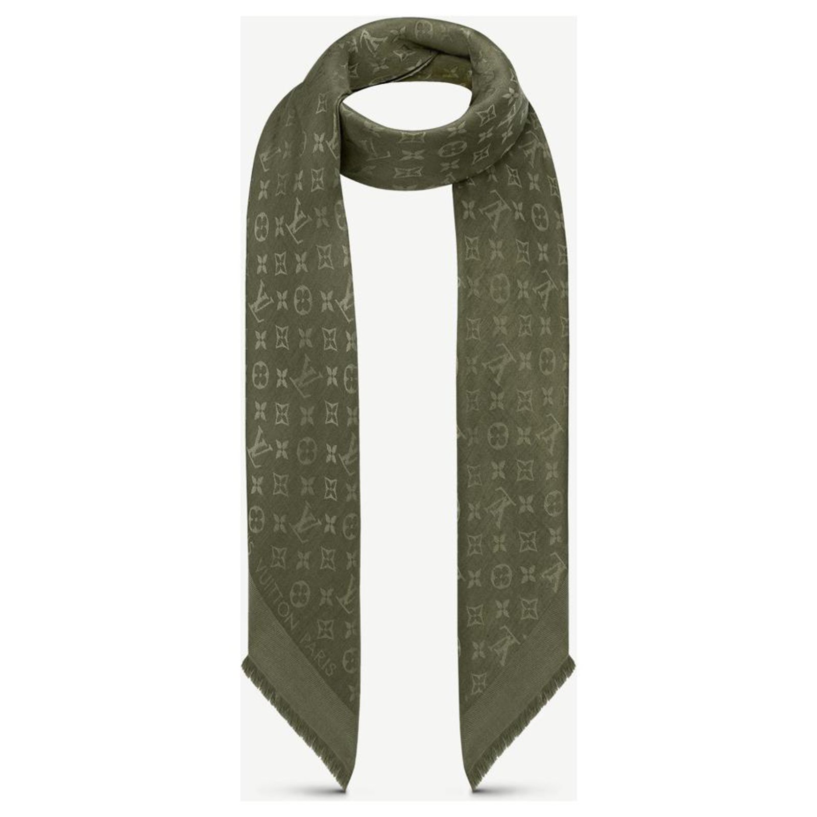 Pre-Owned Louis Vuitton Green Monogram Wool Silk Shawl Scarf (1.955 RON) ❤  liked on Polyvore featuring…